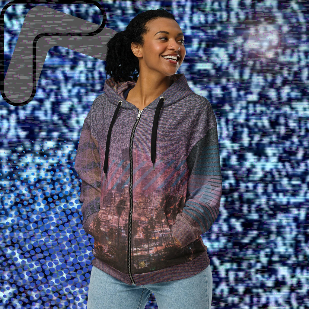 All over print zip hoodie with a background of TV static the front depicting a city skyline at night with a foreground of palm trees overlayed with bold transparent teal slashes and coral pink right facing triangles in a memphis design style pattern right sleeve has 4 bold diagonal bands of orange fading to purple overlayed with a pink grid left sleeve is coral pink shapes and teal bars with the Neon Pools squiggle design the back has a 3d pink grid and two overlapping broken suns and vertical slashes