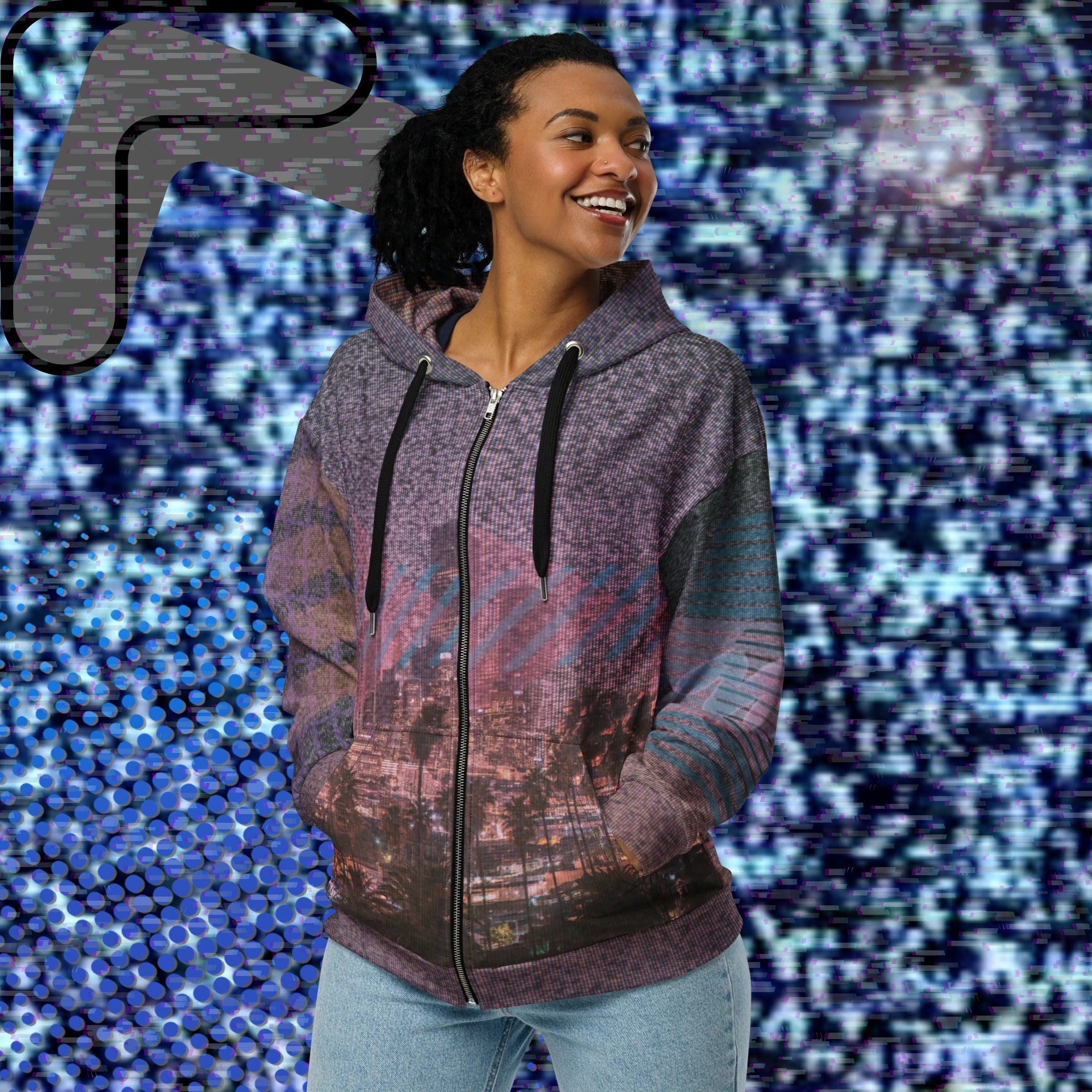 All over print zip hoodie with a background of TV static the front depicting a city skyline at night with a foreground of palm trees overlayed with bold transparent teal slashes and coral pink right facing triangles in a memphis design style pattern right sleeve has 4 bold diagonal bands of orange fading to purple overlayed with a pink grid left sleeve is coral pink shapes and teal bars with the Neon Pools squiggle design the back has a 3d pink grid and two overlapping broken suns and vertical slashes