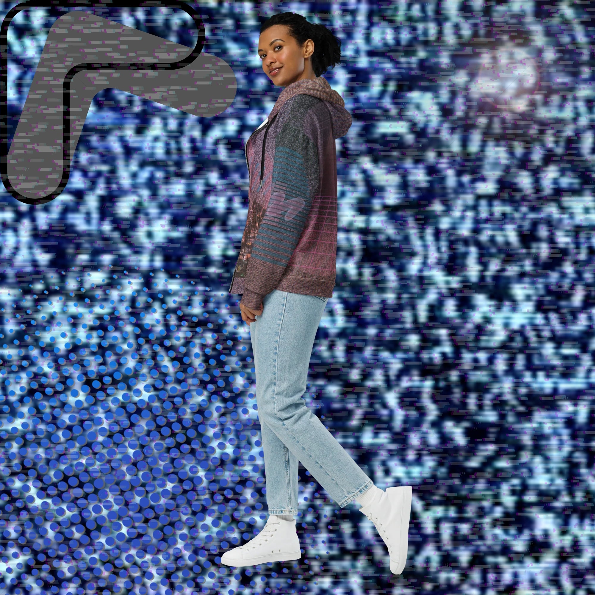 All over print zip hoodie with a background of TV static the front depicting a city skyline at night with a foreground of palm trees overlayed with bold transparent teal slashes and coral pink right facing triangles in a memphis design style pattern right sleeve has 4 bold diagonal bands of orange fading to purple overlayed with a pink grid left sleeve is coral pink shapes and teal bars with the Neon Pools squiggle design the back has a 3d pink grid and two overlapping broken suns and vertical slashes