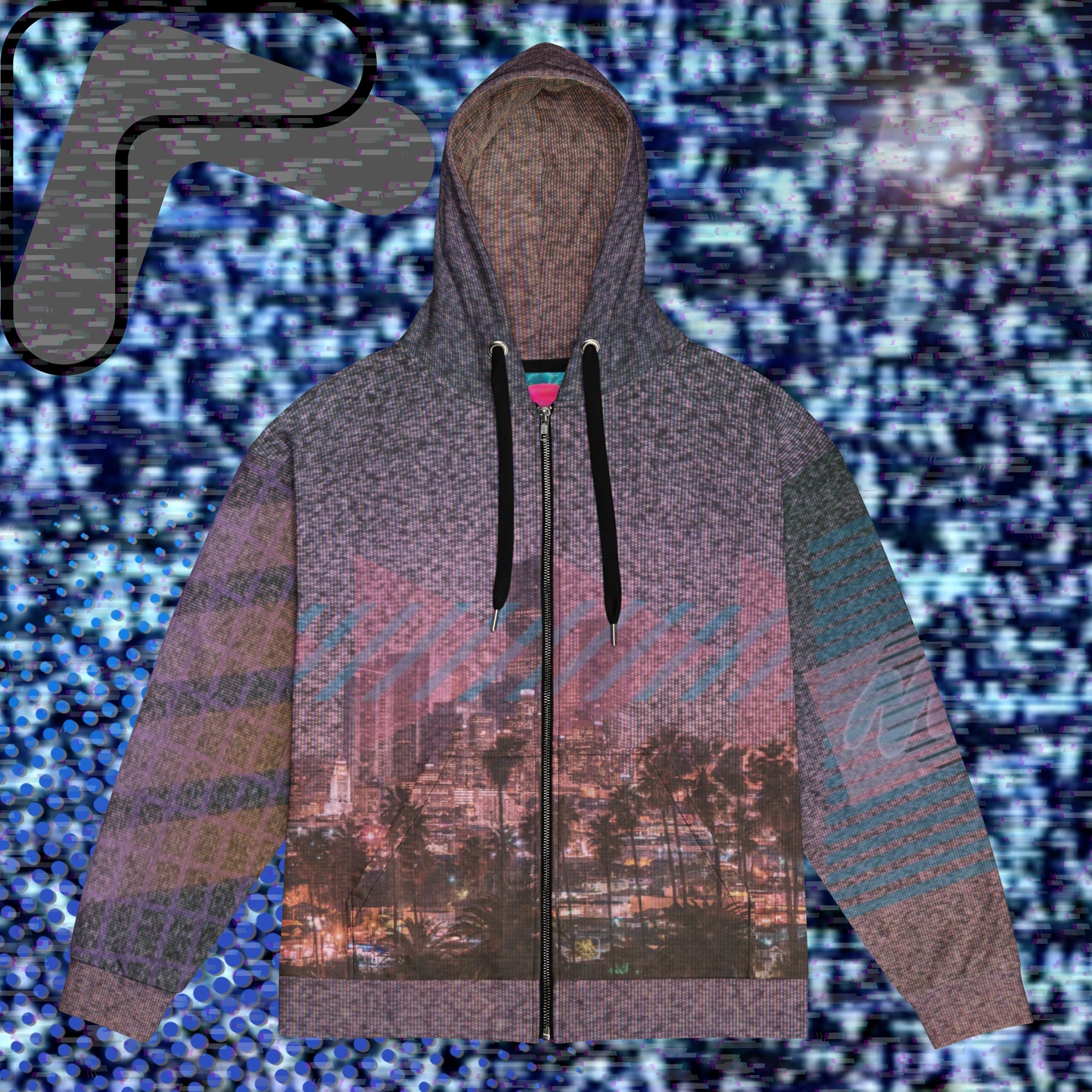 All over print zip hoodie with a background of TV static the front depicting a city skyline at night with a foreground of palm trees overlayed with bold transparent teal slashes and coral pink right facing triangles in a memphis design style pattern right sleeve has 4 bold diagonal bands of orange fading to purple overlayed with a pink grid left sleeve is coral pink shapes and teal bars with the Neon Pools squiggle design the back has a 3d pink grid and two overlapping broken suns and vertical slashes