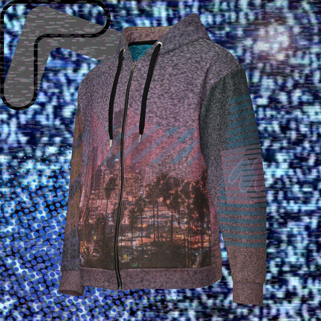 All over print zip hoodie with a background of TV static the front depicting a city skyline at night with a foreground of palm trees overlayed with bold transparent teal slashes and coral pink right facing triangles in a memphis design style pattern right sleeve has 4 bold diagonal bands of orange fading to purple overlayed with a pink grid left sleeve is coral pink shapes and teal bars with the Neon Pools squiggle design the back has a 3d pink grid and two overlapping broken suns and vertical slashes