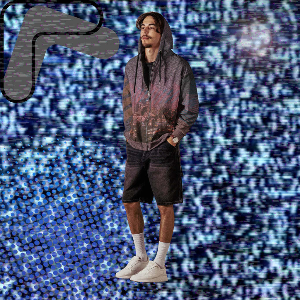 All over print zip hoodie with a background of TV static the front depicting a city skyline at night with a foreground of palm trees overlayed with bold transparent teal slashes and coral pink right facing triangles in a memphis design style pattern right sleeve has 4 bold diagonal bands of orange fading to purple overlayed with a pink grid left sleeve is coral pink shapes and teal bars with the Neon Pools squiggle design the back has a 3d pink grid and two overlapping broken suns and vertical slashes