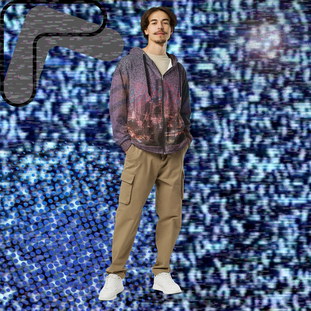 All over print zip hoodie with a background of TV static the front depicting a city skyline at night with a foreground of palm trees overlayed with bold transparent teal slashes and coral pink right facing triangles in a memphis design style pattern right sleeve has 4 bold diagonal bands of orange fading to purple overlayed with a pink grid left sleeve is coral pink shapes and teal bars with the Neon Pools squiggle design the back has a 3d pink grid and two overlapping broken suns and vertical slashes