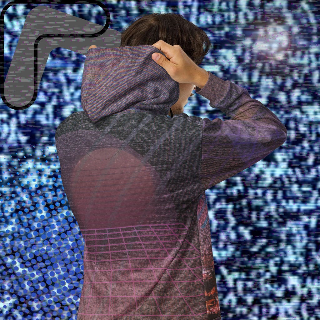All over print zip hoodie with a background of TV static the front depicting a city skyline at night with a foreground of palm trees overlayed with bold transparent teal slashes and coral pink right facing triangles in a memphis design style pattern right sleeve has 4 bold diagonal bands of orange fading to purple overlayed with a pink grid left sleeve is coral pink shapes and teal bars with the Neon Pools squiggle design the back has a 3d pink grid and two overlapping broken suns and vertical slashes