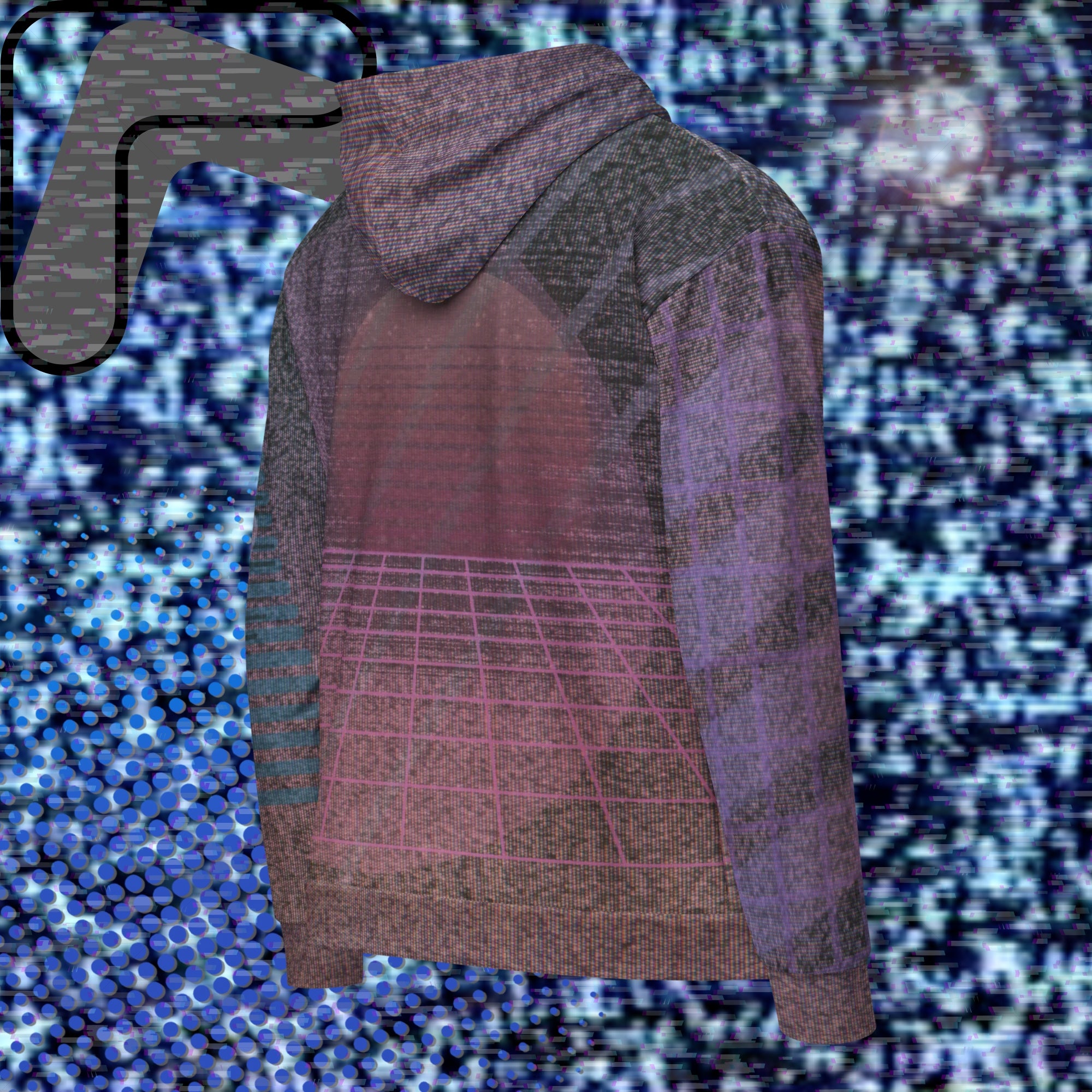 All over print zip hoodie with a background of TV static the front depicting a city skyline at night with a foreground of palm trees overlayed with bold transparent teal slashes and coral pink right facing triangles in a memphis design style pattern right sleeve has 4 bold diagonal bands of orange fading to purple overlayed with a pink grid left sleeve is coral pink shapes and teal bars with the Neon Pools squiggle design the back has a 3d pink grid and two overlapping broken suns and vertical slashes
