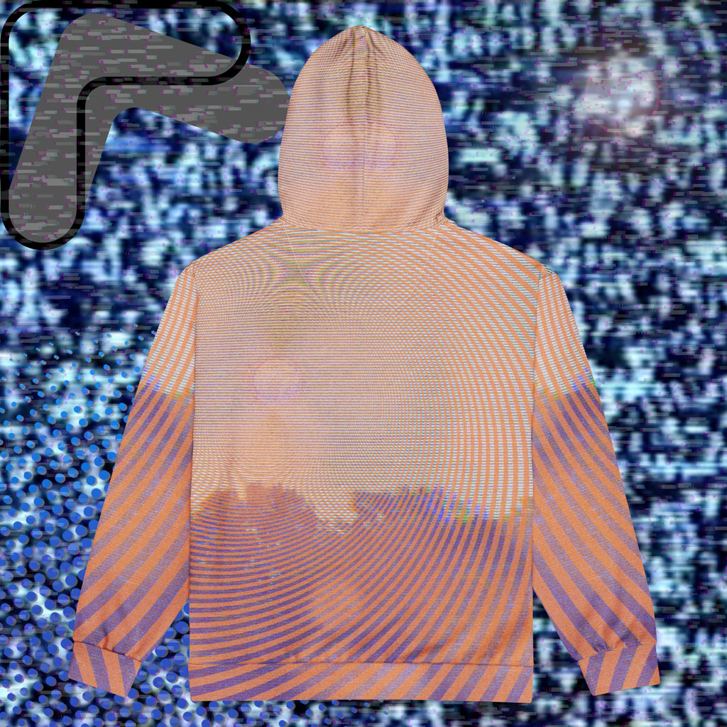 Primarily orange yellow and purple multicolored all over print zip hoodie depicting a treeline with a distorted orange sun in the sky overlayed with a complex orange fractal fanning out from the sun into a solid spiral with detailed v h s distortion and scanlines the spiral creating a stripe effect on the sleeves inner hood is purple sky with scanlines and tv distortion