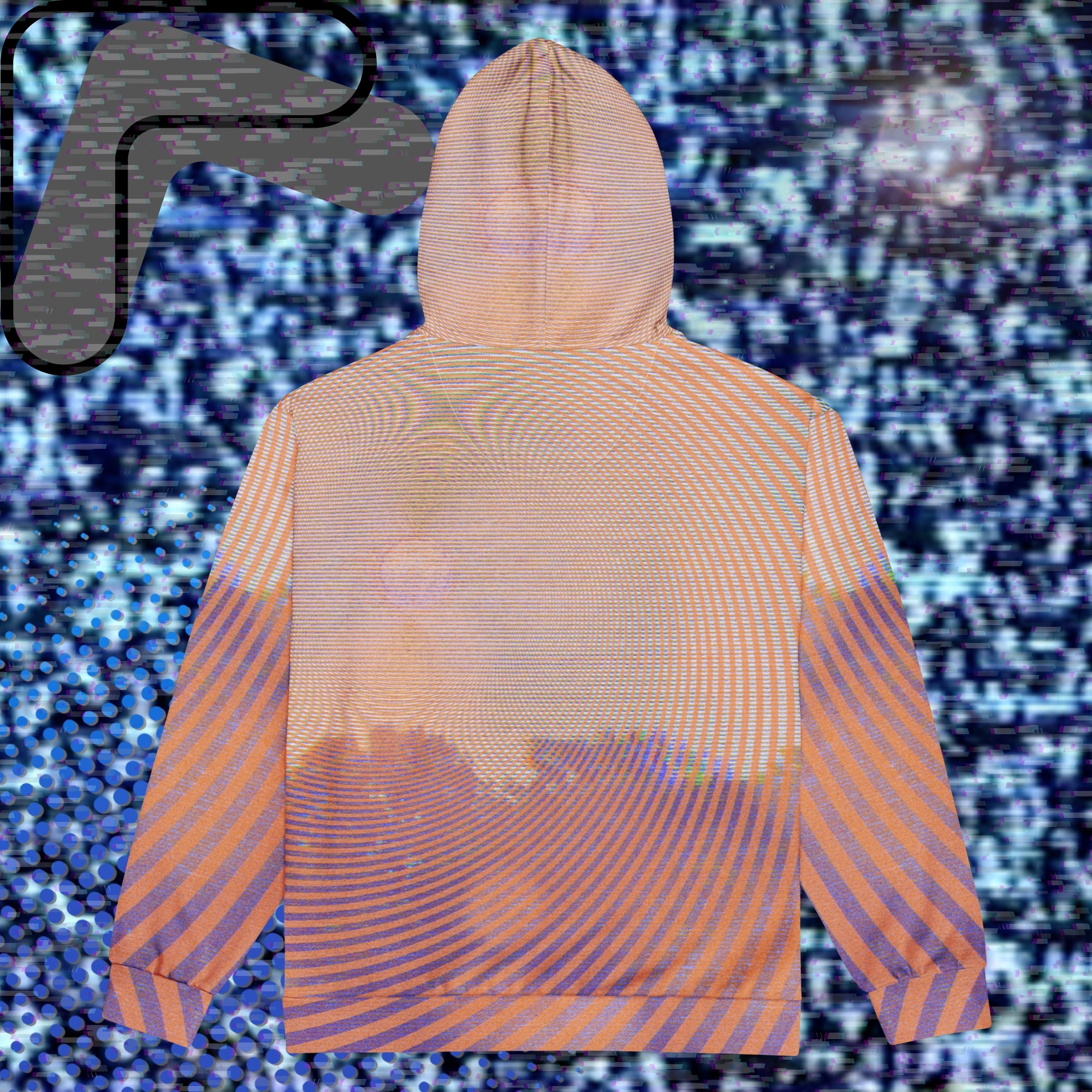 Primarily orange yellow and purple multicolored all over print zip hoodie depicting a treeline with a distorted orange sun in the sky overlayed with a complex orange fractal fanning out from the sun into a solid spiral with detailed v h s distortion and scanlines the spiral creating a stripe effect on the sleeves inner hood is purple sky with scanlines and tv distortion