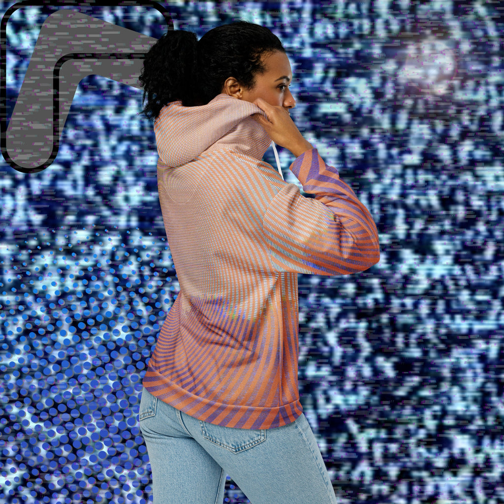 Primarily orange yellow and purple multicolored all over print zip hoodie depicting a treeline with a distorted orange sun in the sky overlayed with a complex orange fractal fanning out from the sun into a solid spiral with detailed v h s distortion and scanlines the spiral creating a stripe effect on the sleeves inner hood is purple sky with scanlines and tv distortion