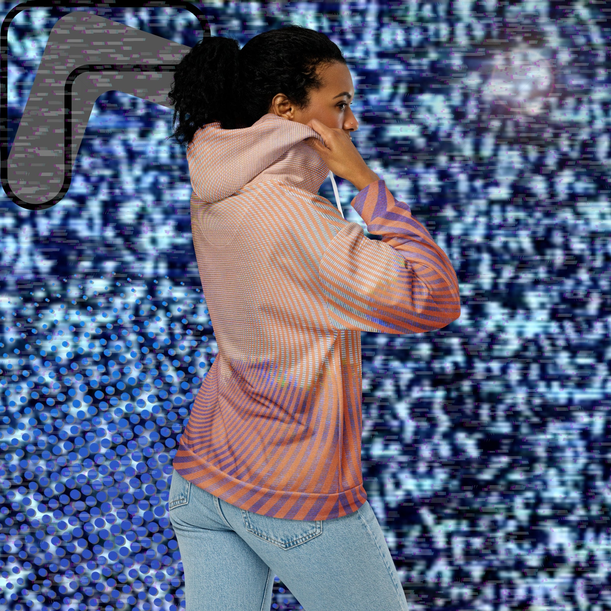 Primarily orange yellow and purple multicolored all over print zip hoodie depicting a treeline with a distorted orange sun in the sky overlayed with a complex orange fractal fanning out from the sun into a solid spiral with detailed v h s distortion and scanlines the spiral creating a stripe effect on the sleeves inner hood is purple sky with scanlines and tv distortion