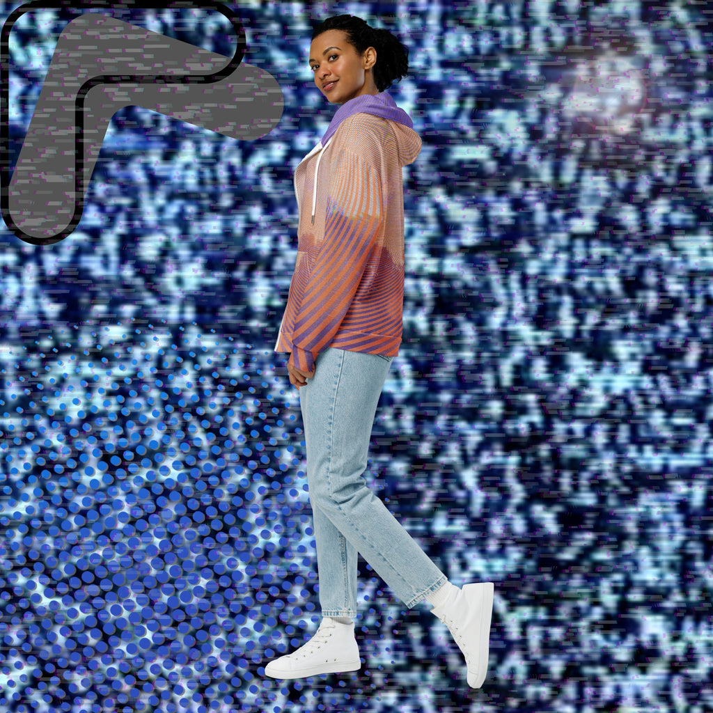 Primarily orange yellow and purple multicolored all over print zip hoodie depicting a treeline with a distorted orange sun in the sky overlayed with a complex orange fractal fanning out from the sun into a solid spiral with detailed v h s distortion and scanlines the spiral creating a stripe effect on the sleeves inner hood is purple sky with scanlines and tv distortion