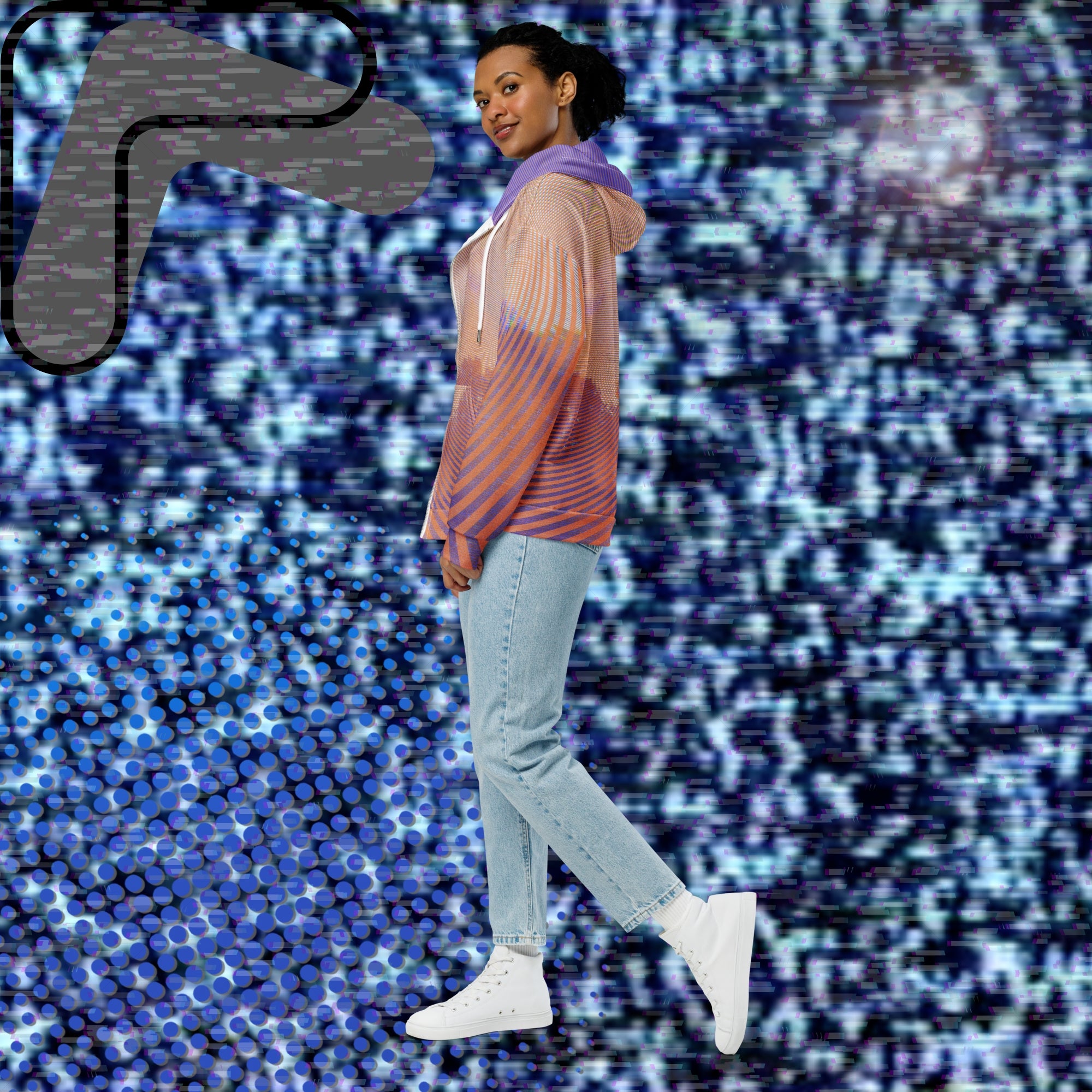 Primarily orange yellow and purple multicolored all over print zip hoodie depicting a treeline with a distorted orange sun in the sky overlayed with a complex orange fractal fanning out from the sun into a solid spiral with detailed v h s distortion and scanlines the spiral creating a stripe effect on the sleeves inner hood is purple sky with scanlines and tv distortion