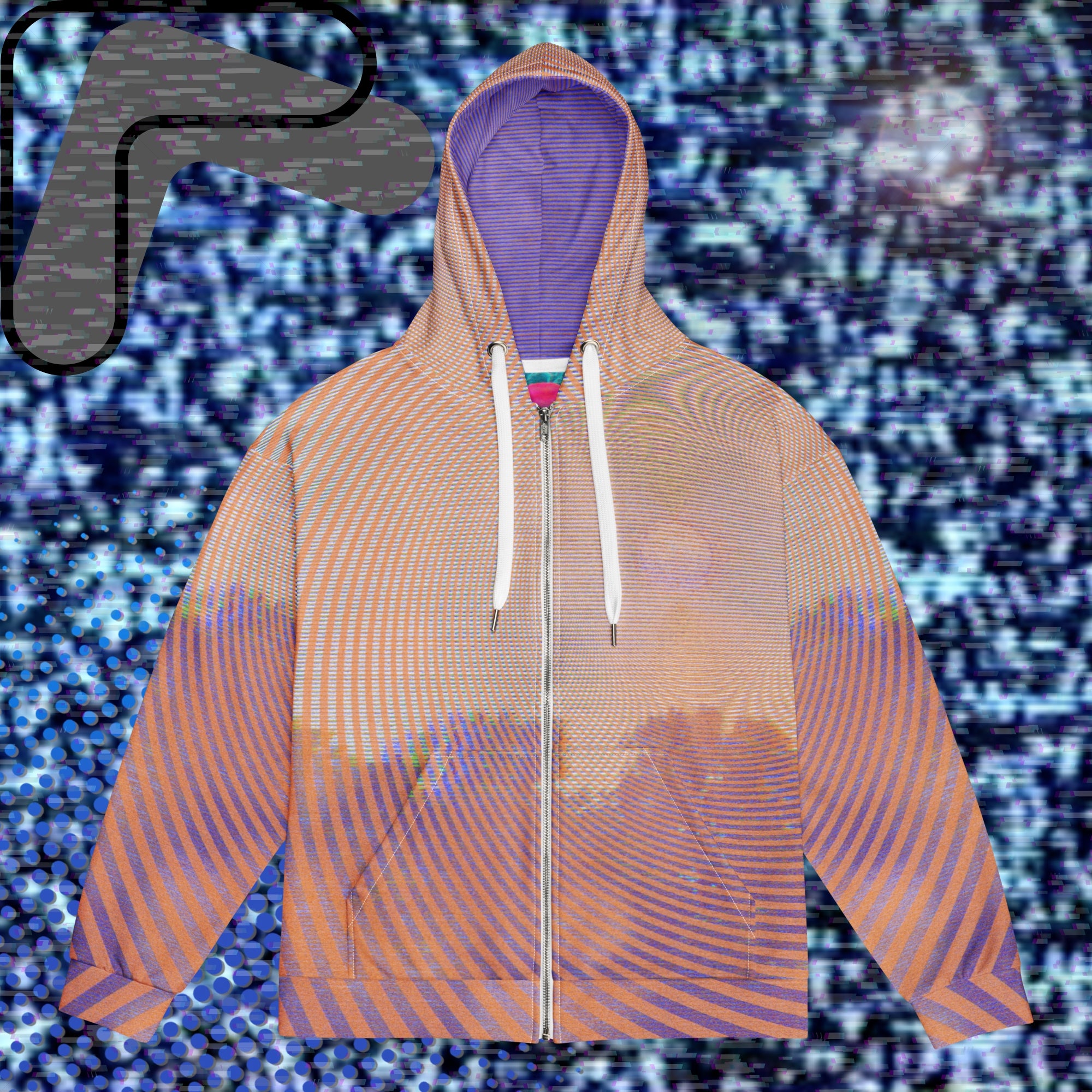 Primarily orange yellow and purple multicolored all over print zip hoodie depicting a treeline with a distorted orange sun in the sky overlayed with a complex orange fractal fanning out from the sun into a solid spiral with detailed v h s distortion and scanlines the spiral creating a stripe effect on the sleeves inner hood is purple sky with scanlines and tv distortion
