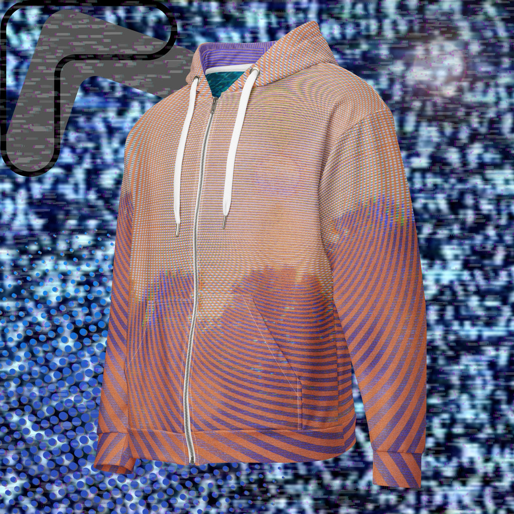 Primarily orange yellow and purple multicolored all over print zip hoodie depicting a treeline with a distorted orange sun in the sky overlayed with a complex orange fractal fanning out from the sun into a solid spiral with detailed v h s distortion and scanlines the spiral creating a stripe effect on the sleeves inner hood is purple sky with scanlines and tv distortion