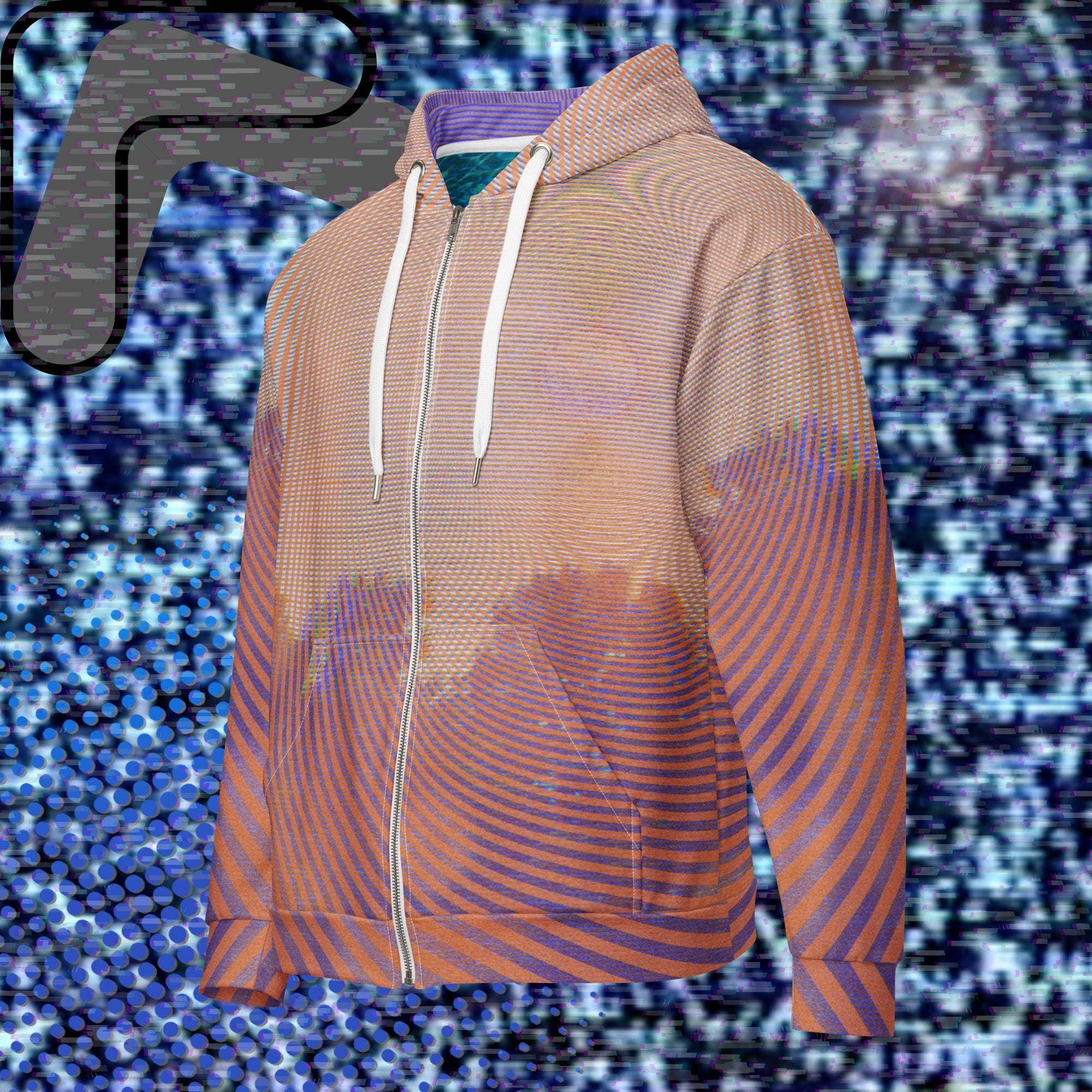 Primarily orange yellow and purple multicolored all over print zip hoodie depicting a treeline with a distorted orange sun in the sky overlayed with a complex orange fractal fanning out from the sun into a solid spiral with detailed v h s distortion and scanlines the spiral creating a stripe effect on the sleeves inner hood is purple sky with scanlines and tv distortion