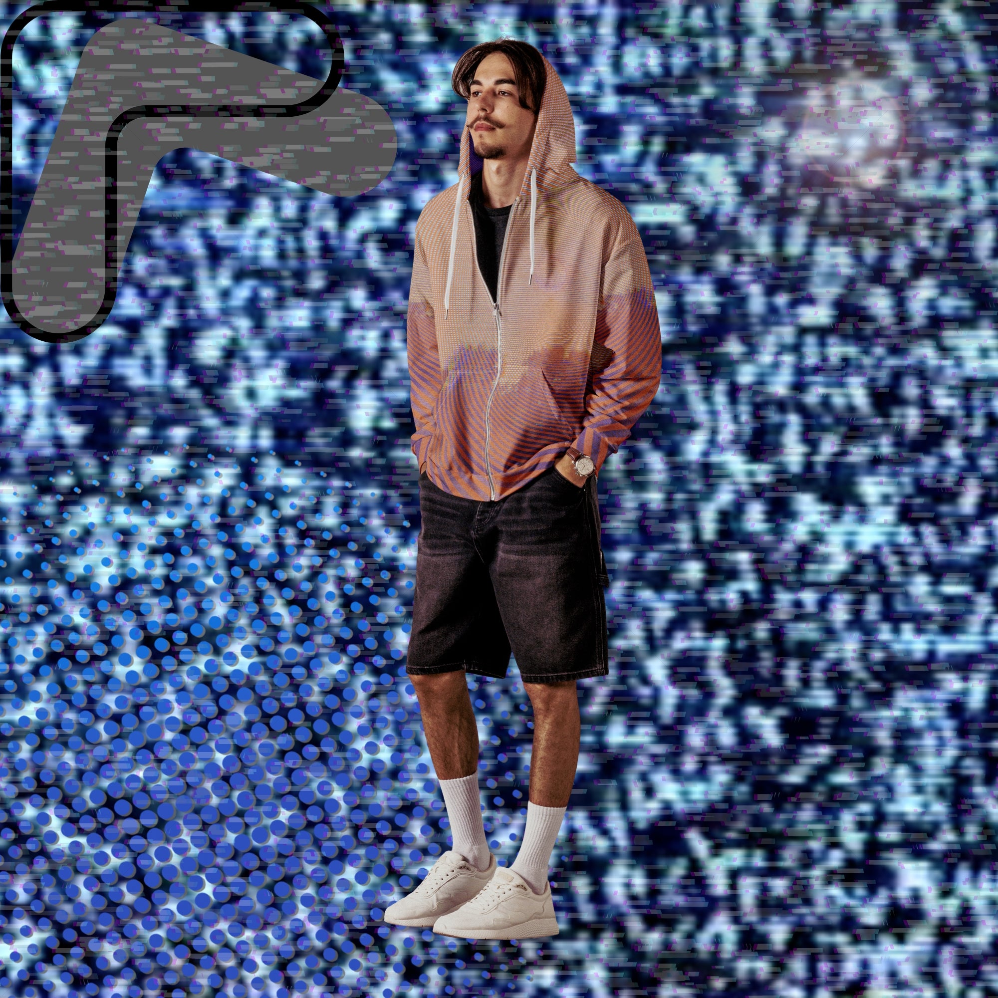 Primarily orange yellow and purple multicolored all over print zip hoodie depicting a treeline with a distorted orange sun in the sky overlayed with a complex orange fractal fanning out from the sun into a solid spiral with detailed v h s distortion and scanlines the spiral creating a stripe effect on the sleeves inner hood is purple sky with scanlines and tv distortion