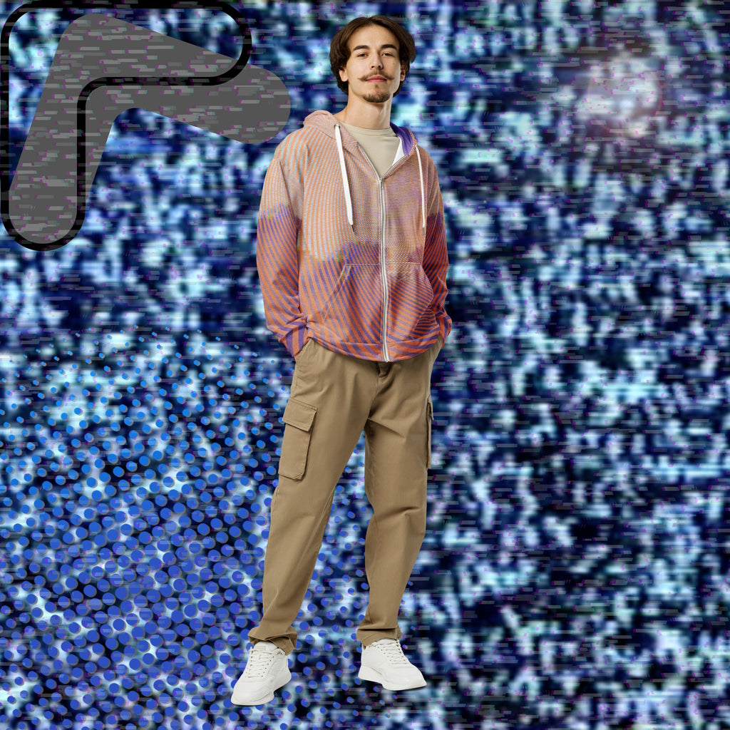 Primarily orange yellow and purple multicolored all over print zip hoodie depicting a treeline with a distorted orange sun in the sky overlayed with a complex orange fractal fanning out from the sun into a solid spiral with detailed v h s distortion and scanlines the spiral creating a stripe effect on the sleeves inner hood is purple sky with scanlines and tv distortion
