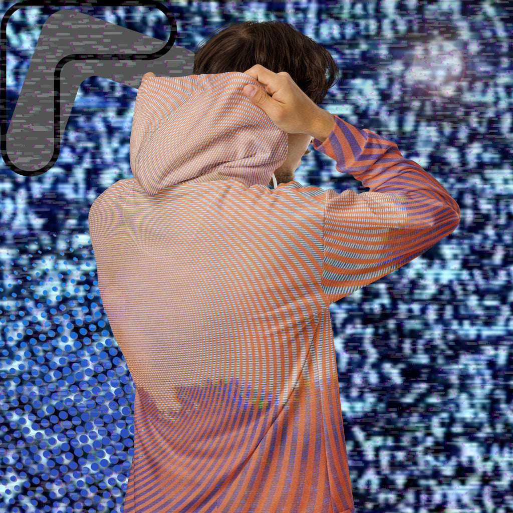 Primarily orange yellow and purple multicolored all over print zip hoodie depicting a treeline with a distorted orange sun in the sky overlayed with a complex orange fractal fanning out from the sun into a solid spiral with detailed v h s distortion and scanlines the spiral creating a stripe effect on the sleeves inner hood is purple sky with scanlines and tv distortion