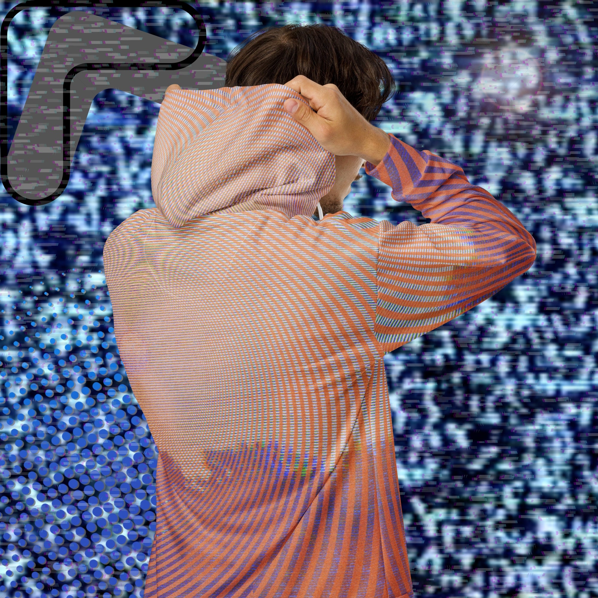 Primarily orange yellow and purple multicolored all over print zip hoodie depicting a treeline with a distorted orange sun in the sky overlayed with a complex orange fractal fanning out from the sun into a solid spiral with detailed v h s distortion and scanlines the spiral creating a stripe effect on the sleeves inner hood is purple sky with scanlines and tv distortion