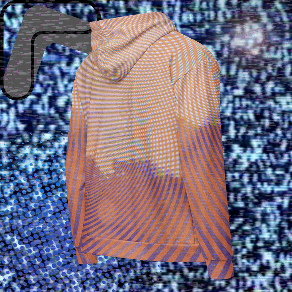 Primarily orange yellow and purple multicolored all over print zip hoodie depicting a treeline with a distorted orange sun in the sky overlayed with a complex orange fractal fanning out from the sun into a solid spiral with detailed v h s distortion and scanlines the spiral creating a stripe effect on the sleeves inner hood is purple sky with scanlines and tv distortion