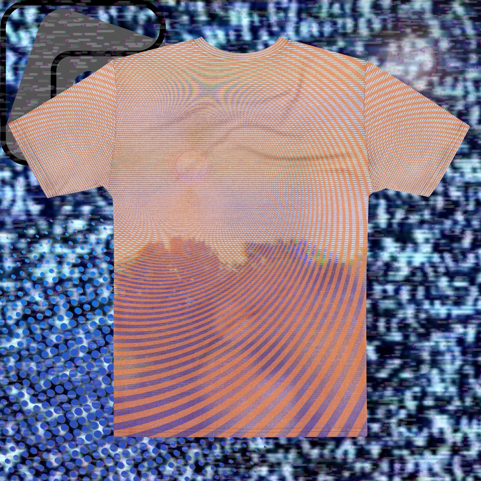 Full color all over print graphic t-shirt depicting a treeline with a distorted orange sun in the sky overlayed with a complex orange fractal fanning out from the sun into a solid spiral with detailed v h s distortion and scanlines the spiral creating stripe effect on sleeves