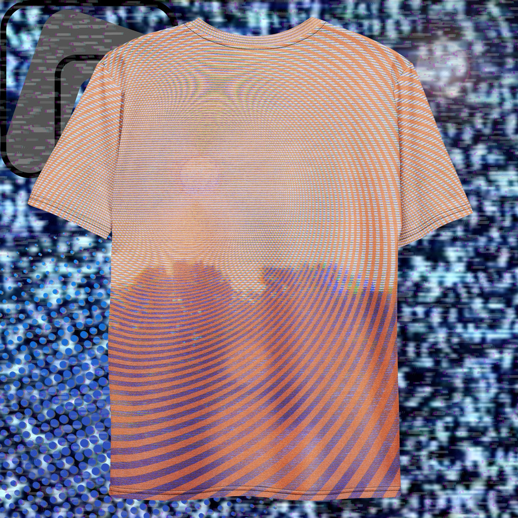 Full color all over print graphic t-shirt depicting a treeline with a distorted orange sun in the sky overlayed with a complex orange fractal fanning out from the sun into a solid spiral with detailed v h s distortion and scanlines the spiral creating stripe effect on sleeves