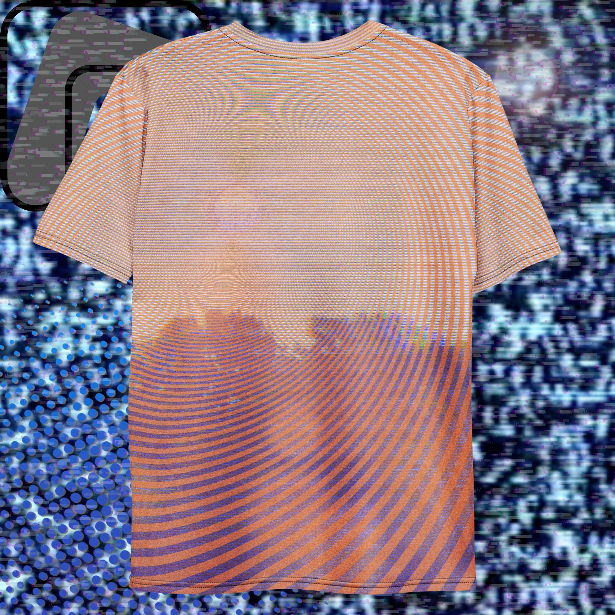 Full color all over print graphic t-shirt depicting a treeline with a distorted orange sun in the sky overlayed with a complex orange fractal fanning out from the sun into a solid spiral with detailed v h s distortion and scanlines the spiral creating stripe effect on sleeves