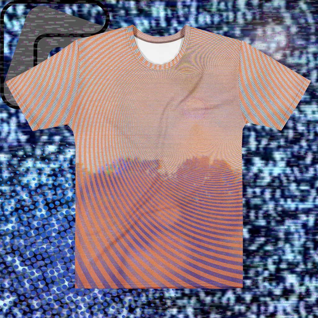 Full color all over print graphic t-shirt depicting a treeline with a distorted orange sun in the sky overlayed with a complex orange fractal fanning out from the sun into a solid spiral with detailed v h s distortion and scanlines the spiral creating stripe effect on sleeves