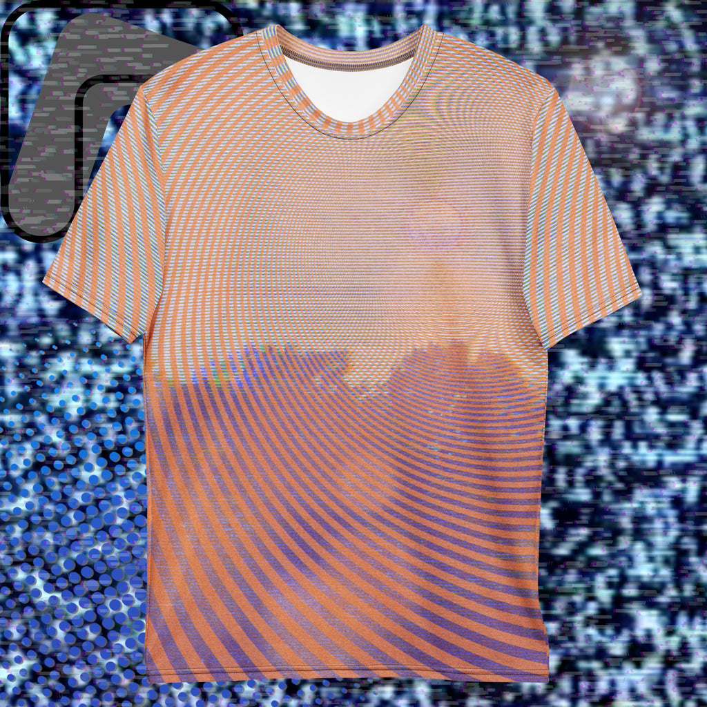 Full color all over print graphic t-shirt depicting a treeline with a distorted orange sun in the sky overlayed with a complex orange fractal fanning out from the sun into a solid spiral with detailed v h s distortion and scanlines the spiral creating stripe effect on sleeves