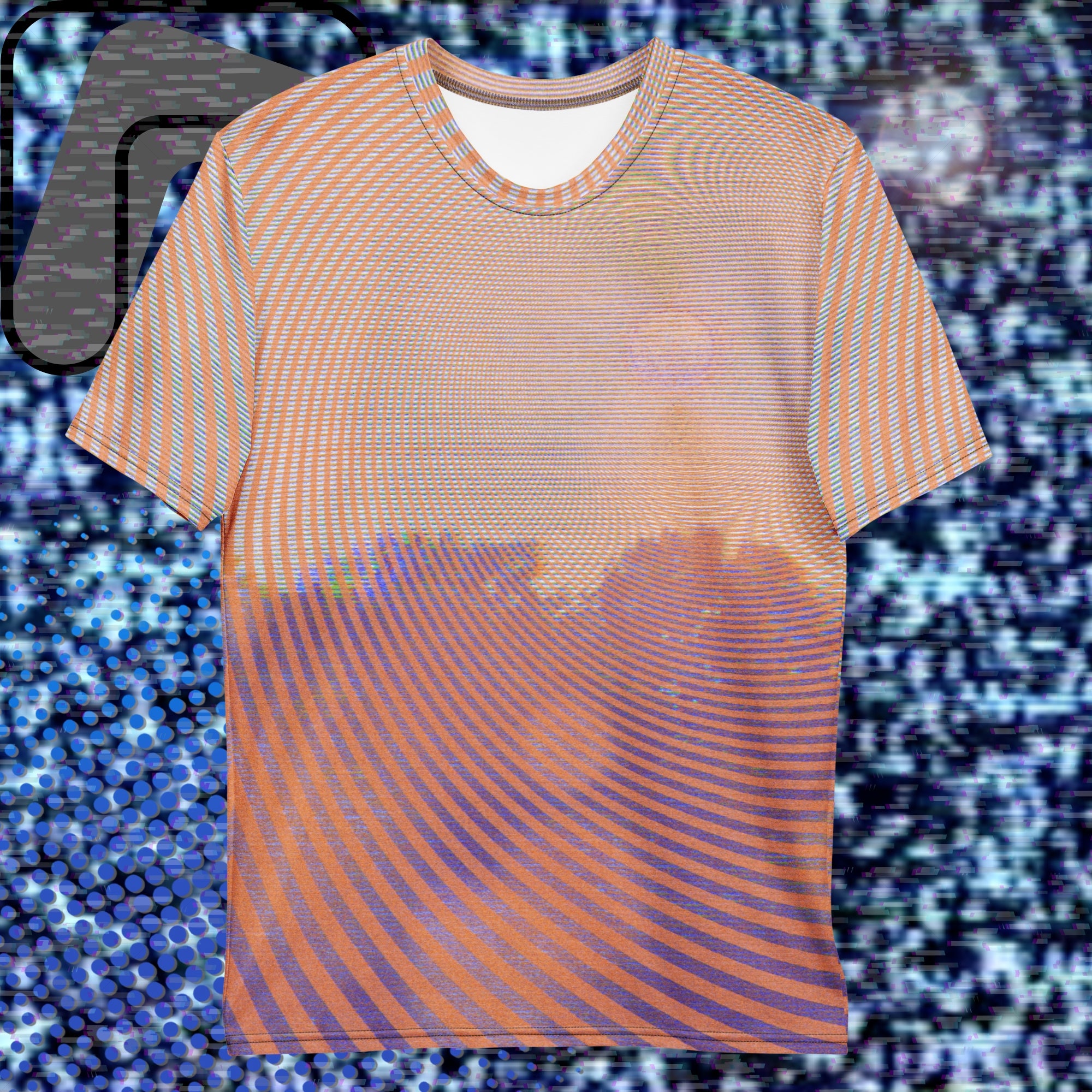 Full color all over print graphic t-shirt depicting a treeline with a distorted orange sun in the sky overlayed with a complex orange fractal fanning out from the sun into a solid spiral with detailed v h s distortion and scanlines the spiral creating stripe effect on sleeves