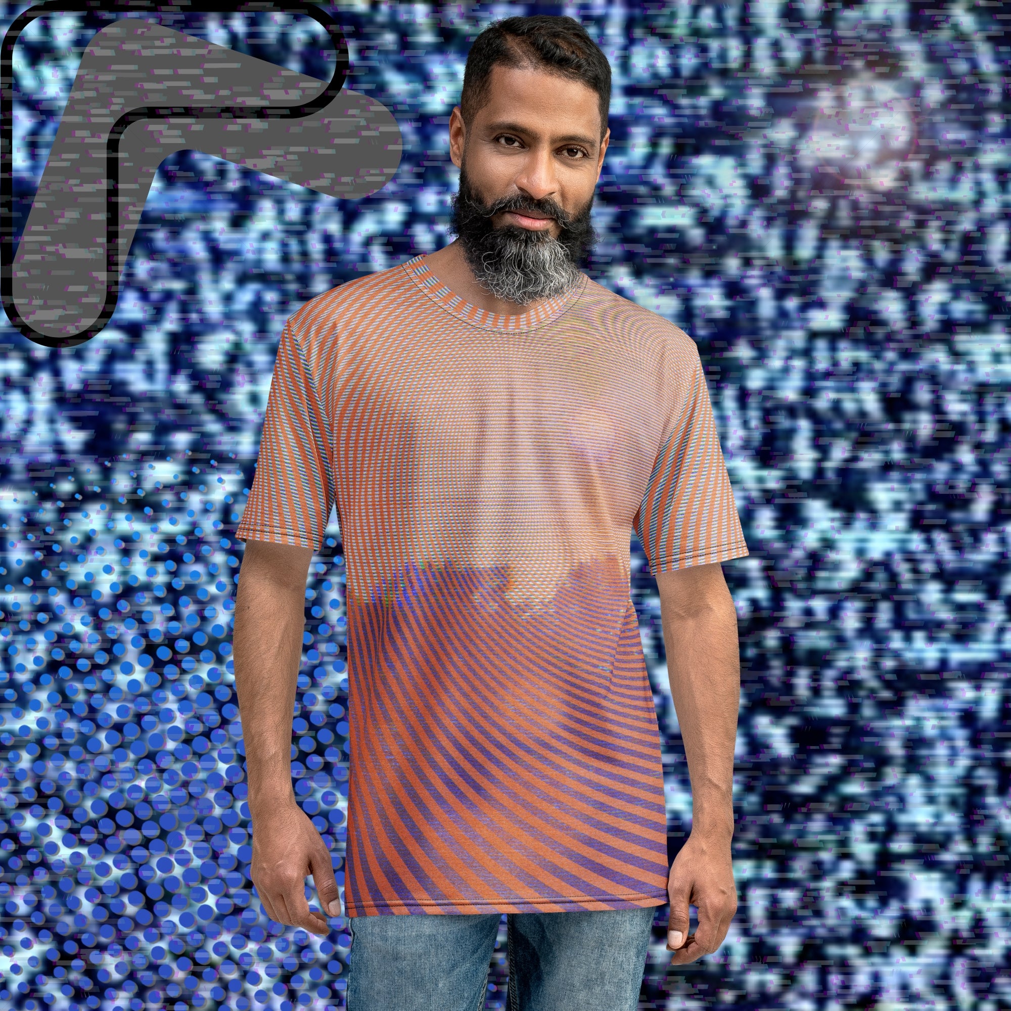 Full color all over print graphic t-shirt depicting a treeline with a distorted orange sun in the sky overlayed with a complex orange fractal fanning out from the sun into a solid spiral with detailed v h s distortion and scanlines the spiral creating stripe effect on sleeves