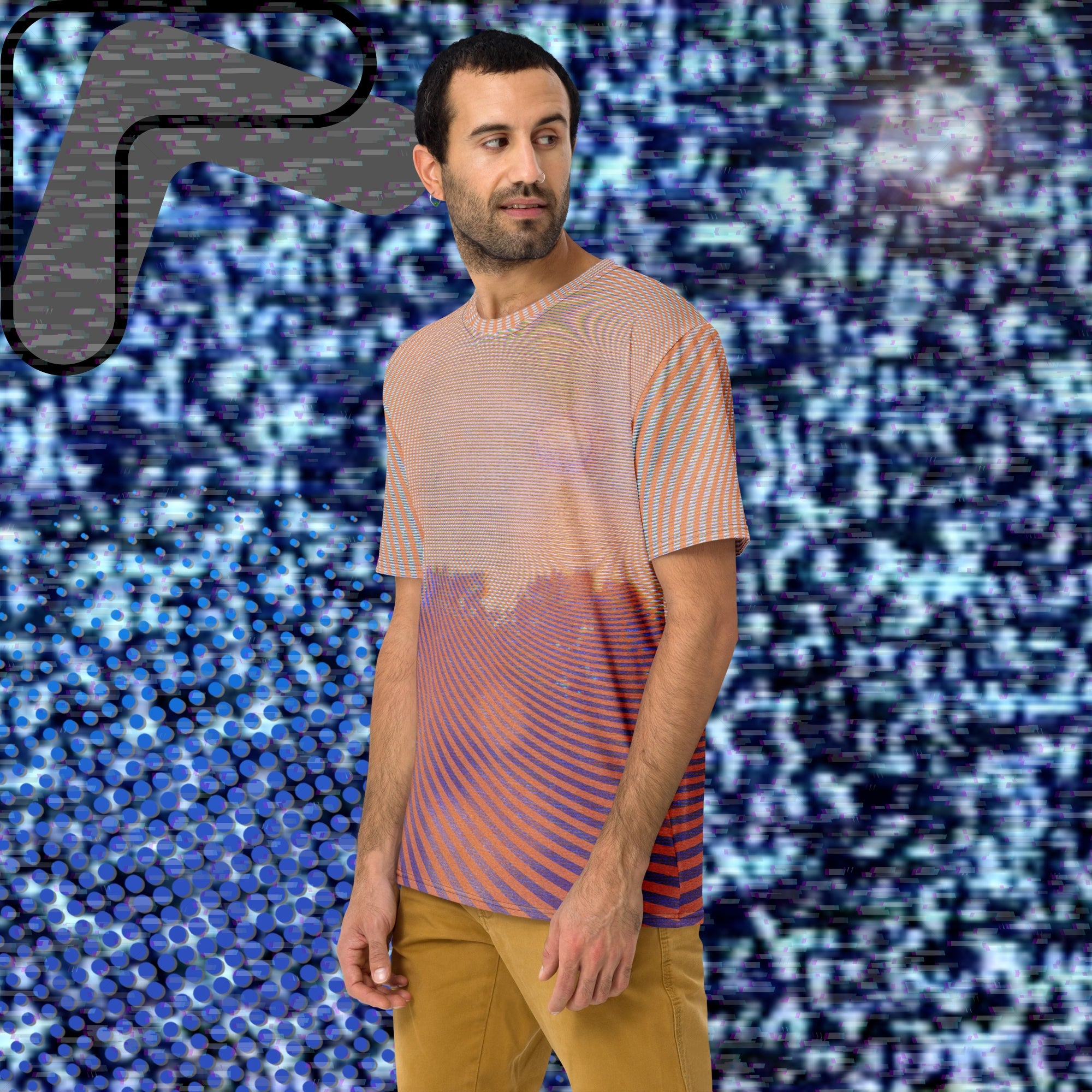 Full color all over print graphic t-shirt depicting a treeline with a distorted orange sun in the sky overlayed with a complex orange fractal fanning out from the sun into a solid spiral with detailed v h s distortion and scanlines the spiral creating stripe effect on sleeves