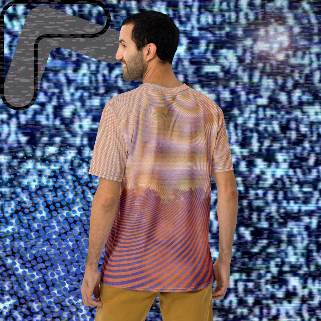 Full color all over print graphic t-shirt depicting a treeline with a distorted orange sun in the sky overlayed with a complex orange fractal fanning out from the sun into a solid spiral with detailed v h s distortion and scanlines the spiral creating stripe effect on sleeves