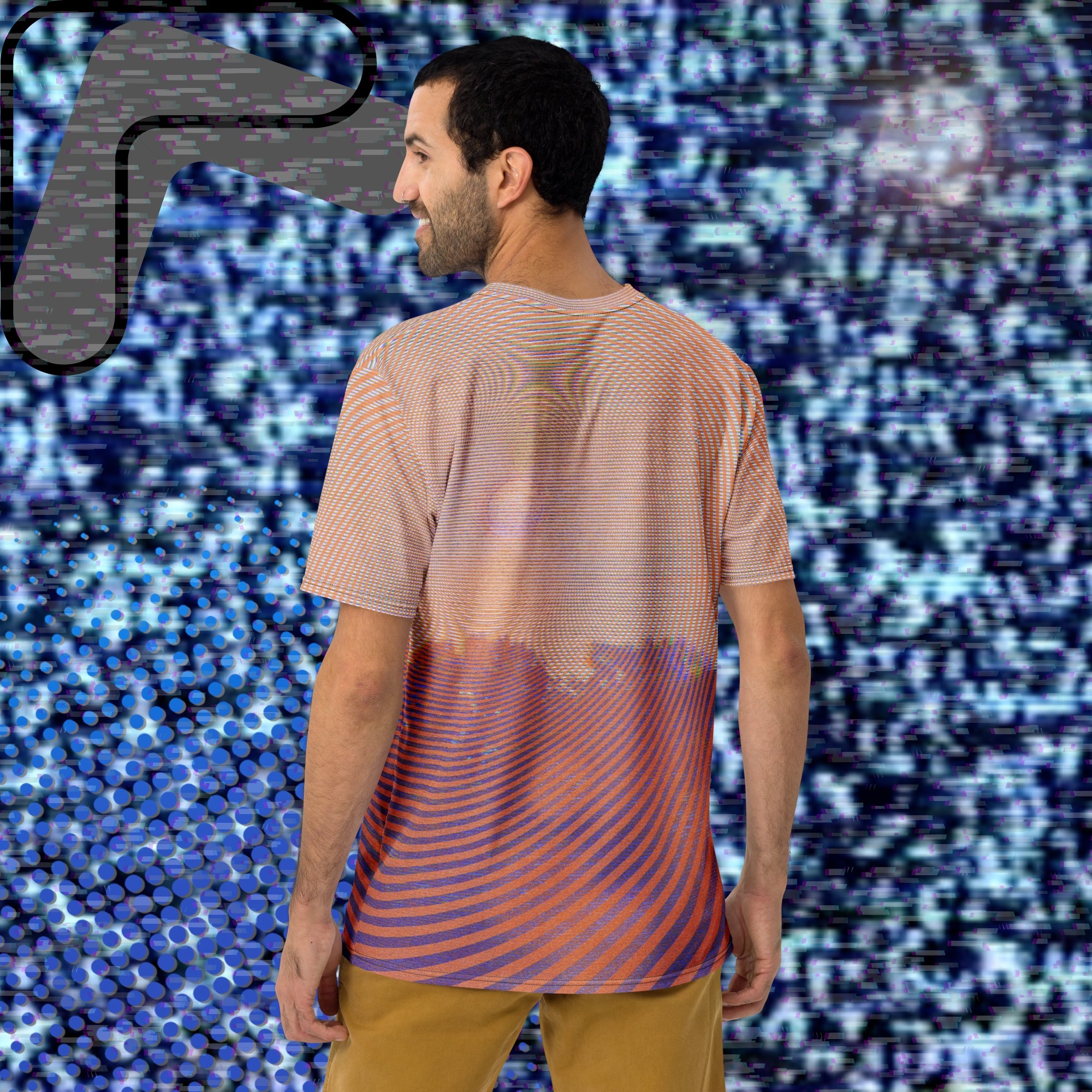 Full color all over print graphic t-shirt depicting a treeline with a distorted orange sun in the sky overlayed with a complex orange fractal fanning out from the sun into a solid spiral with detailed v h s distortion and scanlines the spiral creating stripe effect on sleeves