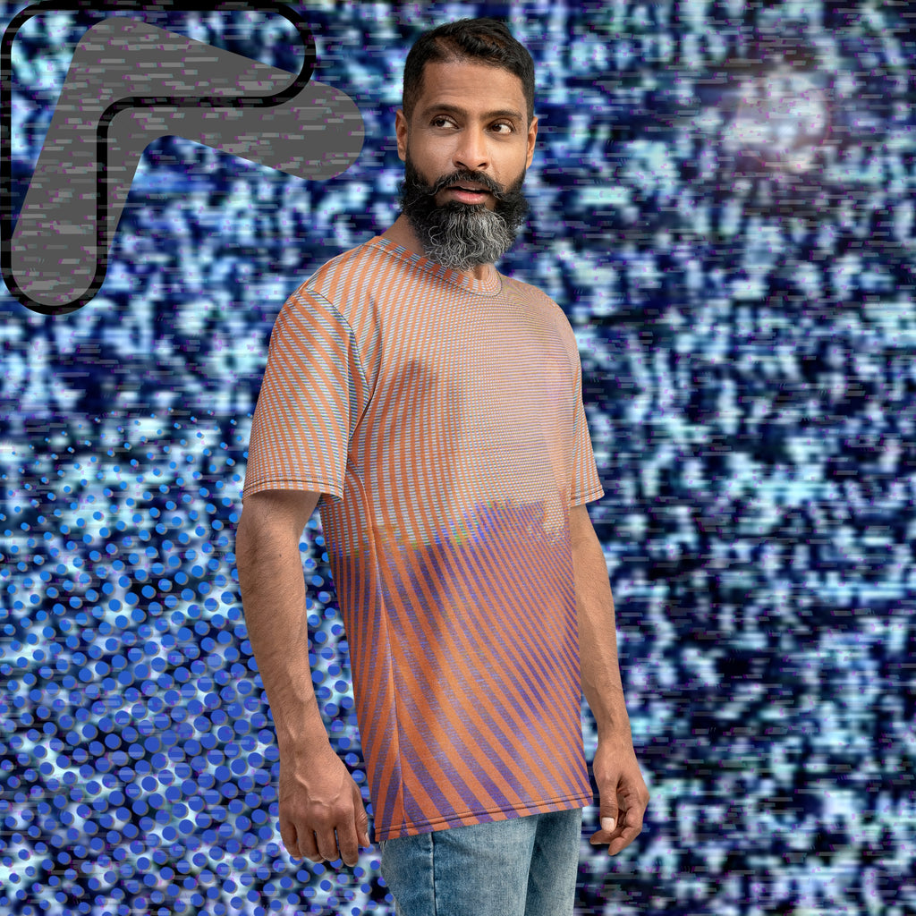 Full color all over print graphic t-shirt depicting a treeline with a distorted orange sun in the sky overlayed with a complex orange fractal fanning out from the sun into a solid spiral with detailed v h s distortion and scanlines the spiral creating stripe effect on sleeves