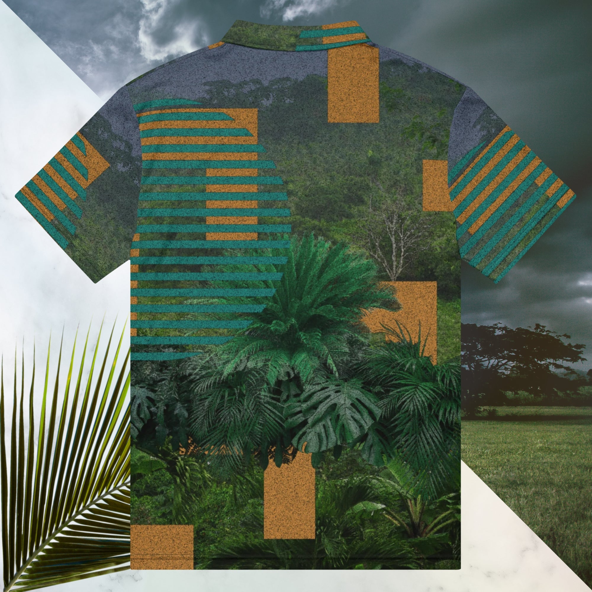 Primarily green orange teal and misty blue shirt depicting a dense lush misty jungle overlayed and interlaced with 3d ferns monstera plants and bold solid orange abstract graphic shapes bold teal rounded modern stripes and a dark gray stormy sky at the top overlayed with retro inspired static similar to video degradation on an old tv set