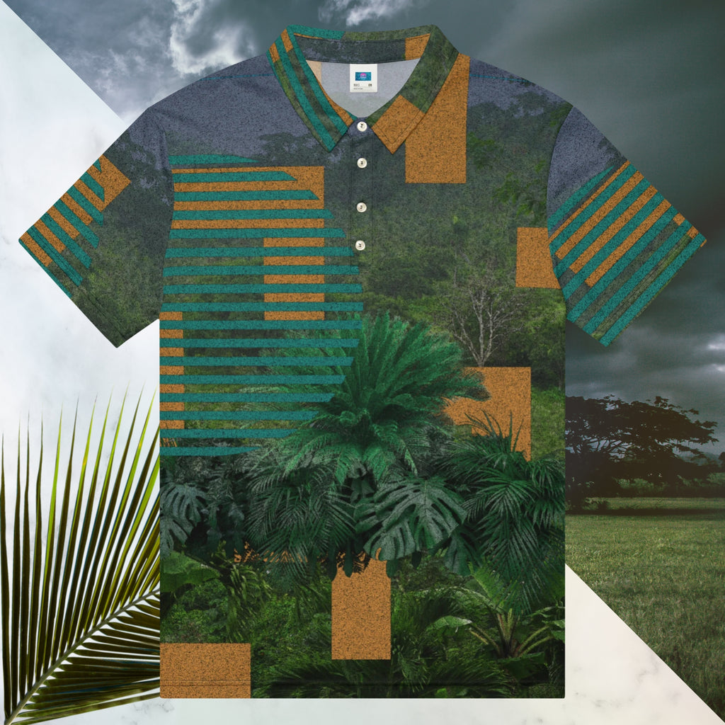Primarily green orange teal and misty blue shirt depicting a dense lush misty jungle overlayed and interlaced with 3d ferns monstera plants and bold solid orange abstract graphic shapes bold teal rounded modern stripes and a dark gray stormy sky at the top overlayed with retro inspired static similar to video degradation on an old tv set