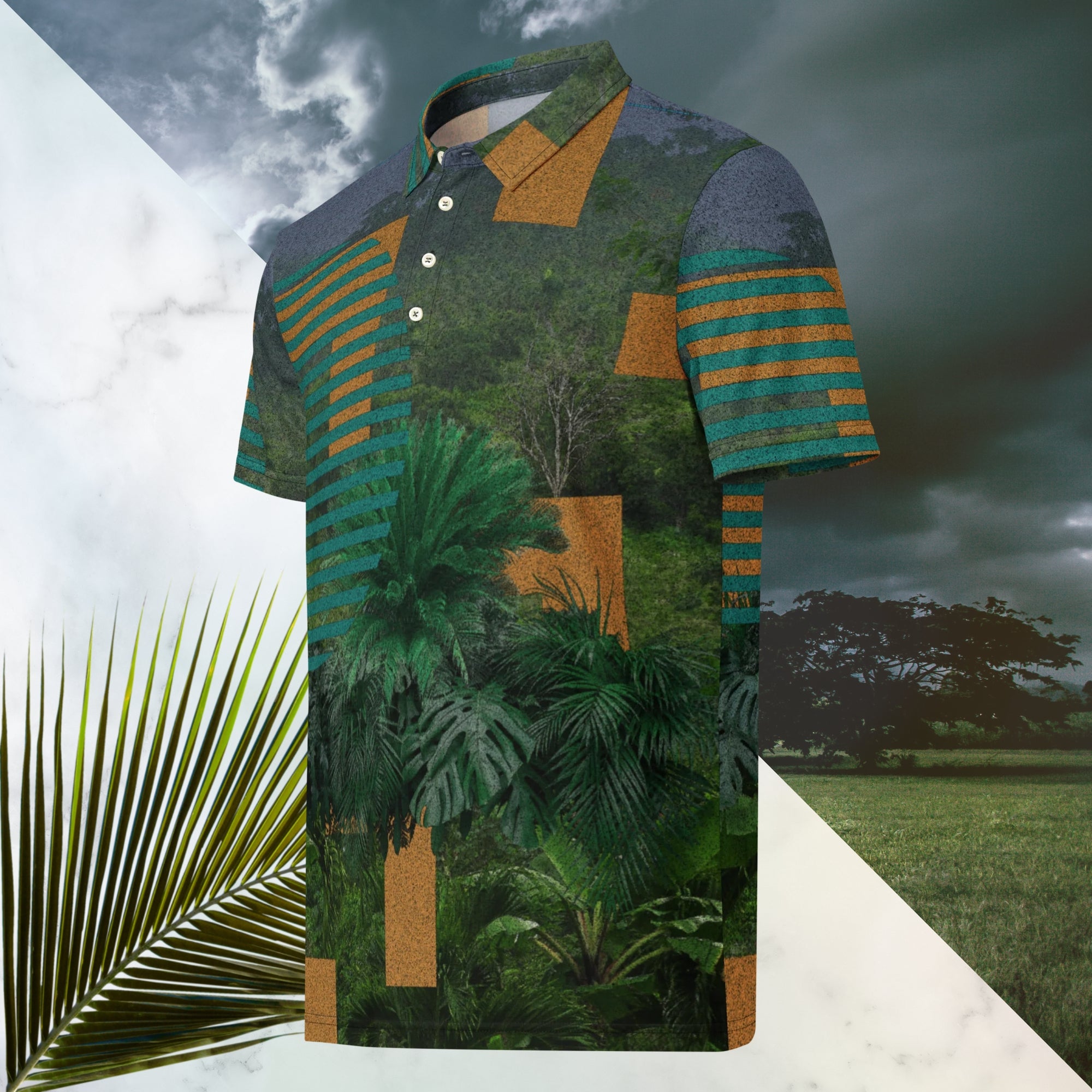 Primarily green orange teal and misty blue shirt depicting a dense lush misty jungle overlayed and interlaced with 3d ferns monstera plants and bold solid orange abstract graphic shapes bold teal rounded modern stripes and a dark gray stormy sky at the top overlayed with retro inspired static similar to video degradation on an old tv set