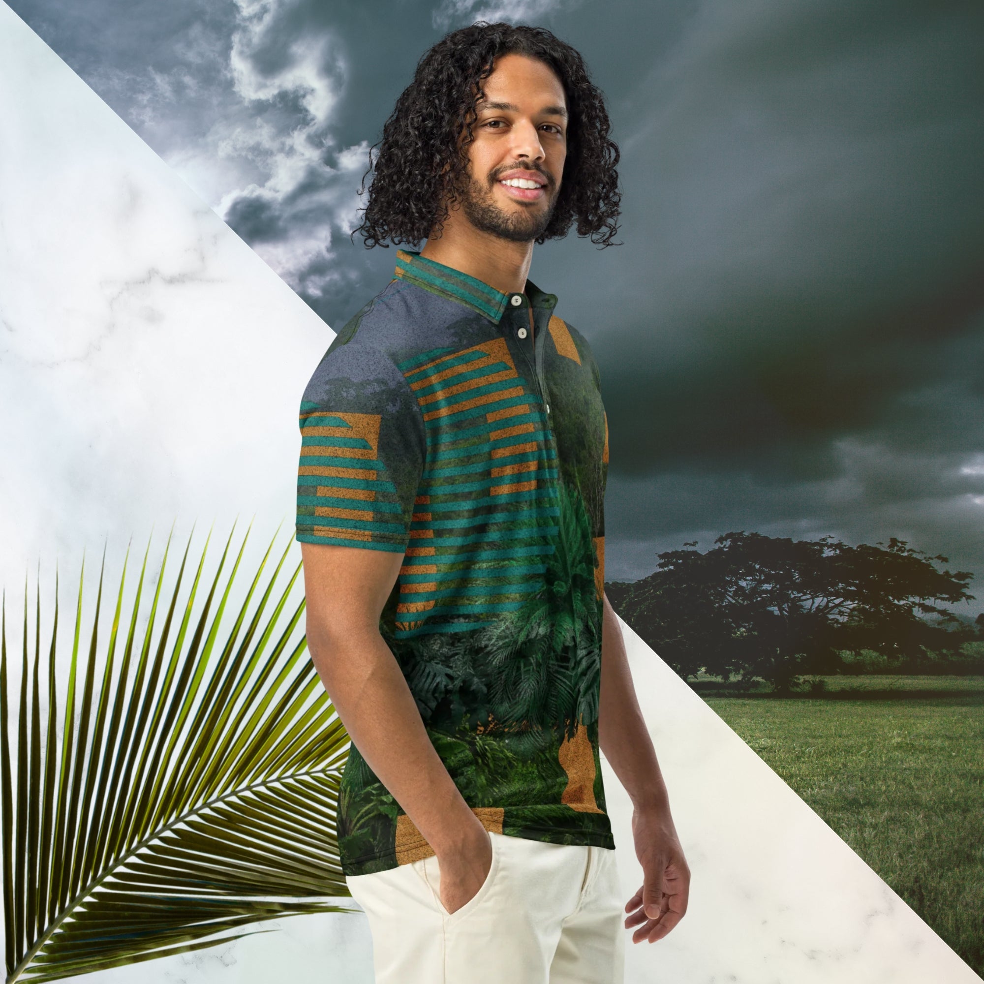 Primarily green orange teal and misty blue shirt depicting a dense lush misty jungle overlayed and interlaced with 3d ferns monstera plants and bold solid orange abstract graphic shapes bold teal rounded modern stripes and a dark gray stormy sky at the top overlayed with retro inspired static similar to video degradation on an old tv set