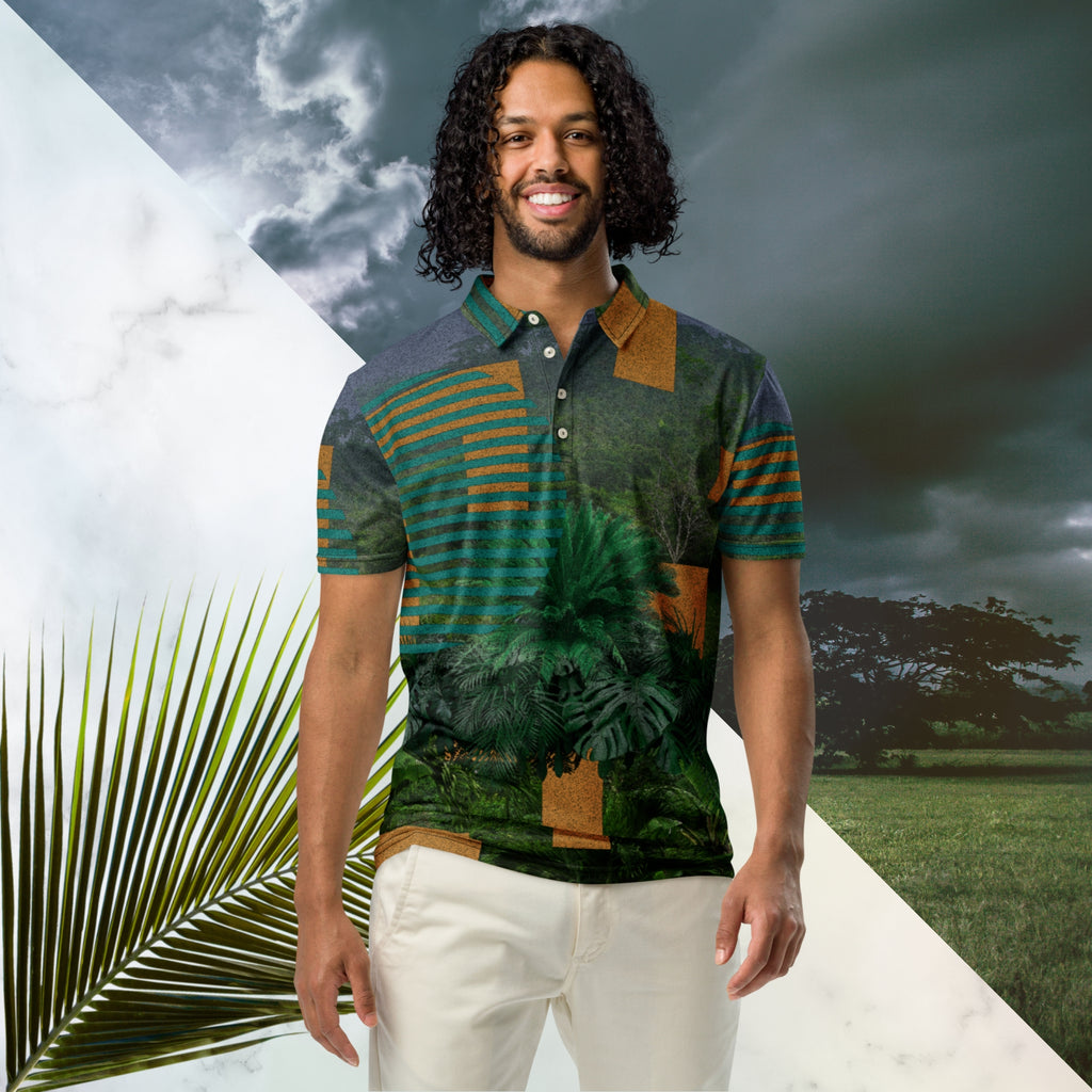 Primarily green orange teal and misty blue shirt depicting a dense lush misty jungle overlayed and interlaced with 3d ferns monstera plants and bold solid orange abstract graphic shapes bold teal rounded modern stripes and a dark gray stormy sky at the top overlayed with retro inspired static similar to video degradation on an old tv set
