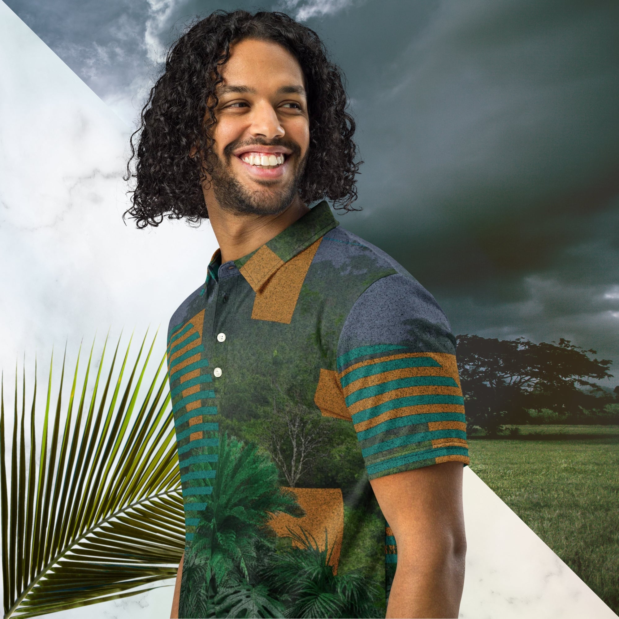 Primarily green orange teal and misty blue shirt depicting a dense lush misty jungle overlayed and interlaced with 3d ferns monstera plants and bold solid orange abstract graphic shapes bold teal rounded modern stripes and a dark gray stormy sky at the top overlayed with retro inspired static similar to video degradation on an old tv set