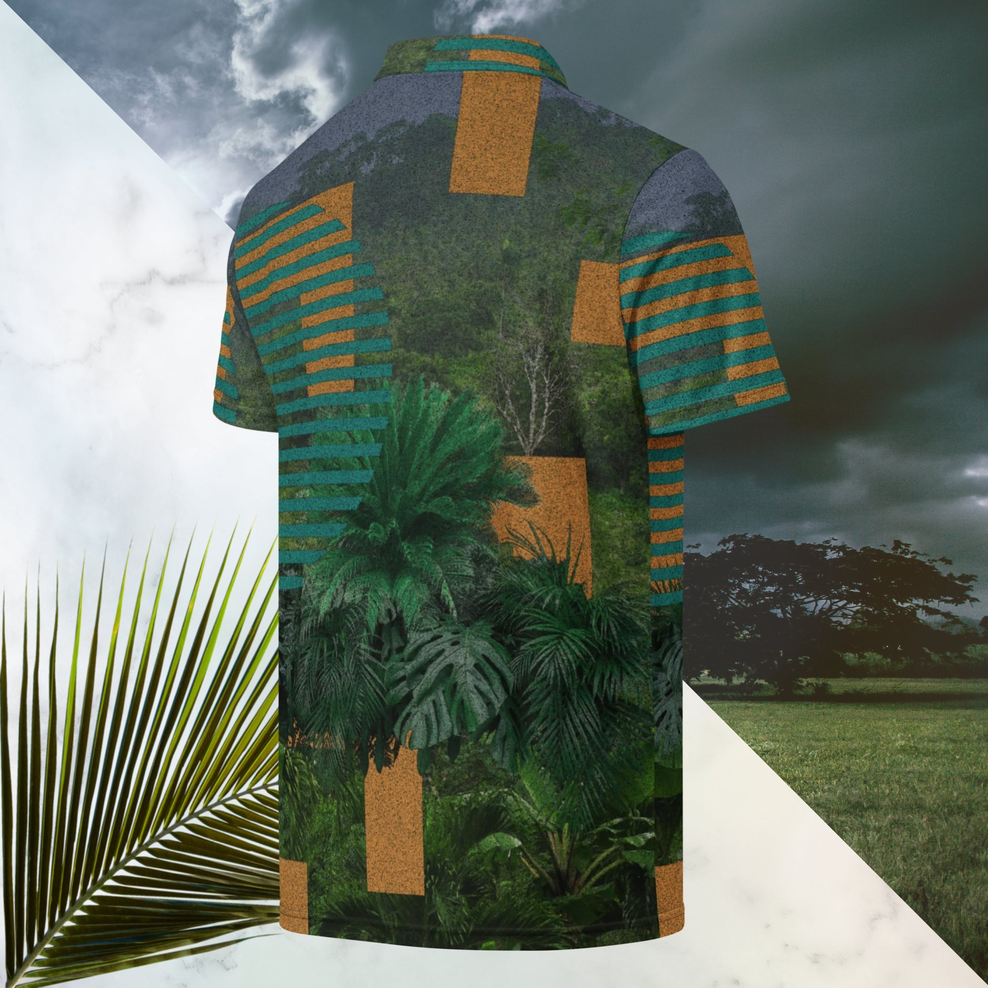 Primarily green orange teal and misty blue shirt depicting a dense lush misty jungle overlayed and interlaced with 3d ferns monstera plants and bold solid orange abstract graphic shapes bold teal rounded modern stripes and a dark gray stormy sky at the top overlayed with retro inspired static similar to video degradation on an old tv set