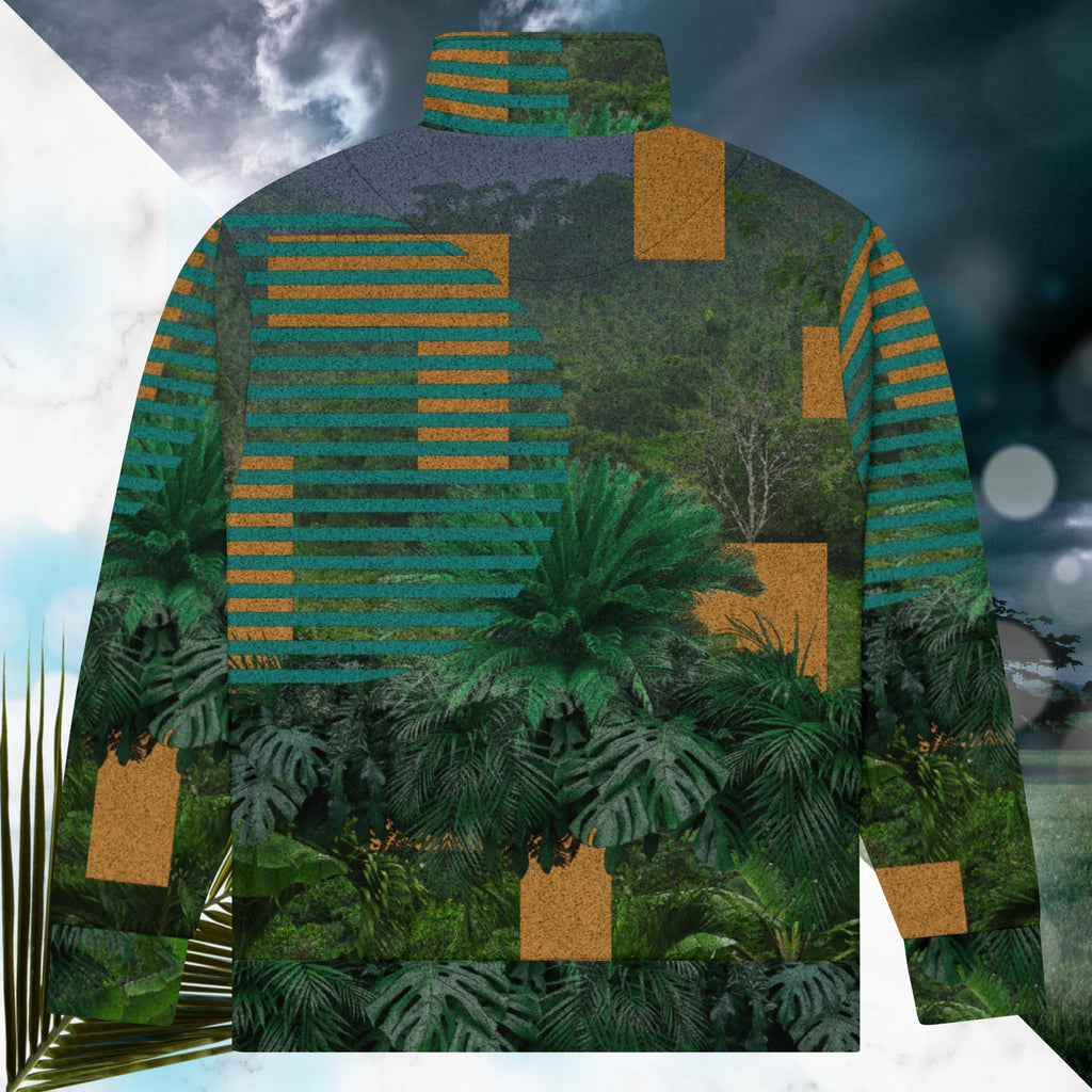 Multicolored all over print track jacket depicting a dense lush jungle overlayed and interlaced with bold solid orange abstract graphics teal rounded modern stripes and a dark gray stormy sky at the top overlayed with retro inspired static similar to video degradation on an old television set with a Neon Pools magenta and blue vaporwave sun and waves emblem at left chest