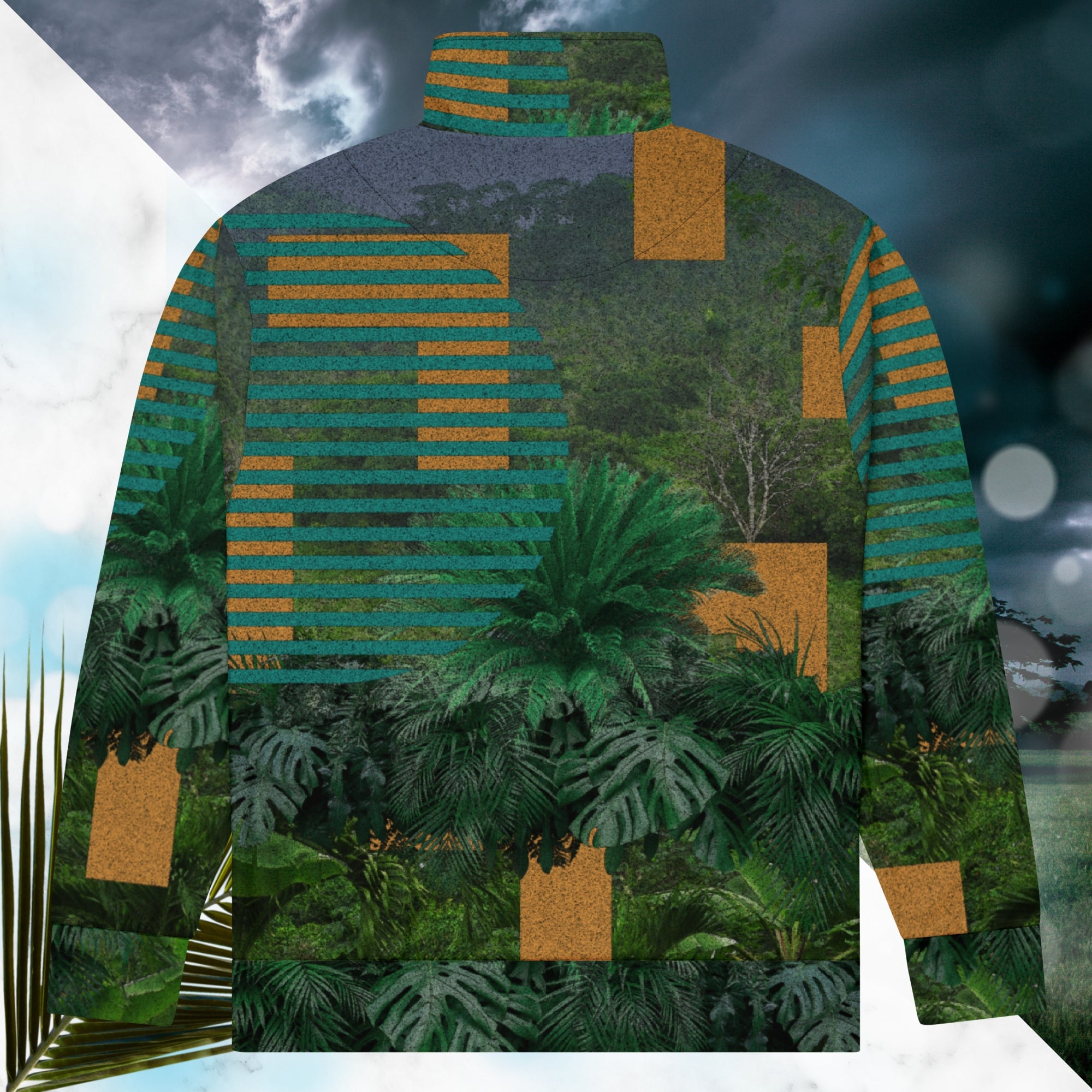 Multicolored all over print track jacket depicting a dense lush jungle overlayed and interlaced with bold solid orange abstract graphics teal rounded modern stripes and a dark gray stormy sky at the top overlayed with retro inspired static similar to video degradation on an old television set with a Neon Pools magenta and blue vaporwave sun and waves emblem at left chest