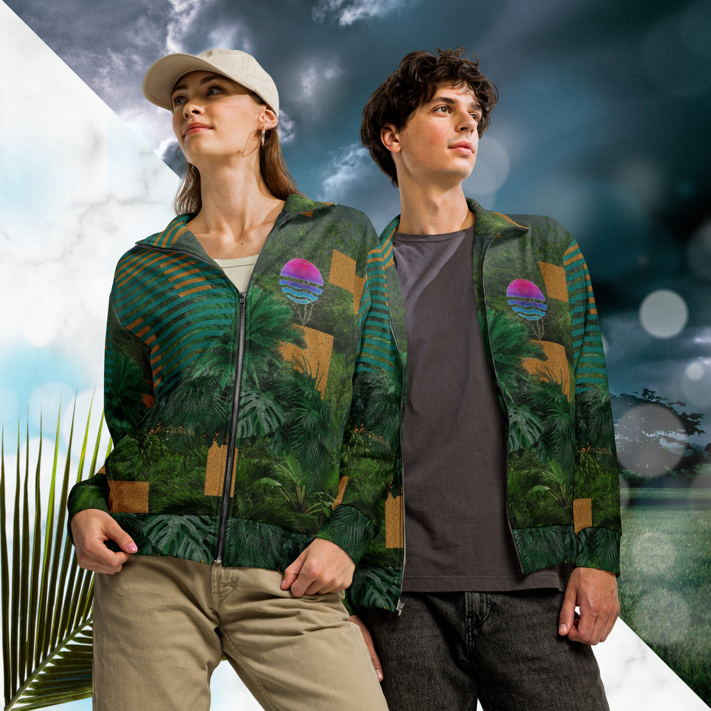 Multicolored all over print track jacket depicting a dense lush jungle overlayed and interlaced with bold solid orange abstract graphics teal rounded modern stripes and a dark gray stormy sky at the top overlayed with retro inspired static similar to video degradation on an old television set with a Neon Pools magenta and blue vaporwave sun and waves emblem at left chest