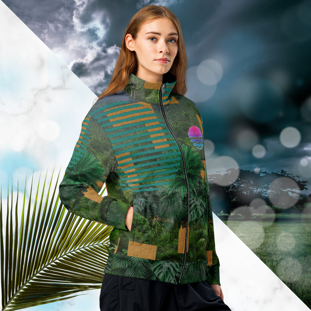 Multicolored all over print track jacket depicting a dense lush jungle overlayed and interlaced with bold solid orange abstract graphics teal rounded modern stripes and a dark gray stormy sky at the top overlayed with retro inspired static similar to video degradation on an old television set with a Neon Pools magenta and blue vaporwave sun and waves emblem at left chest