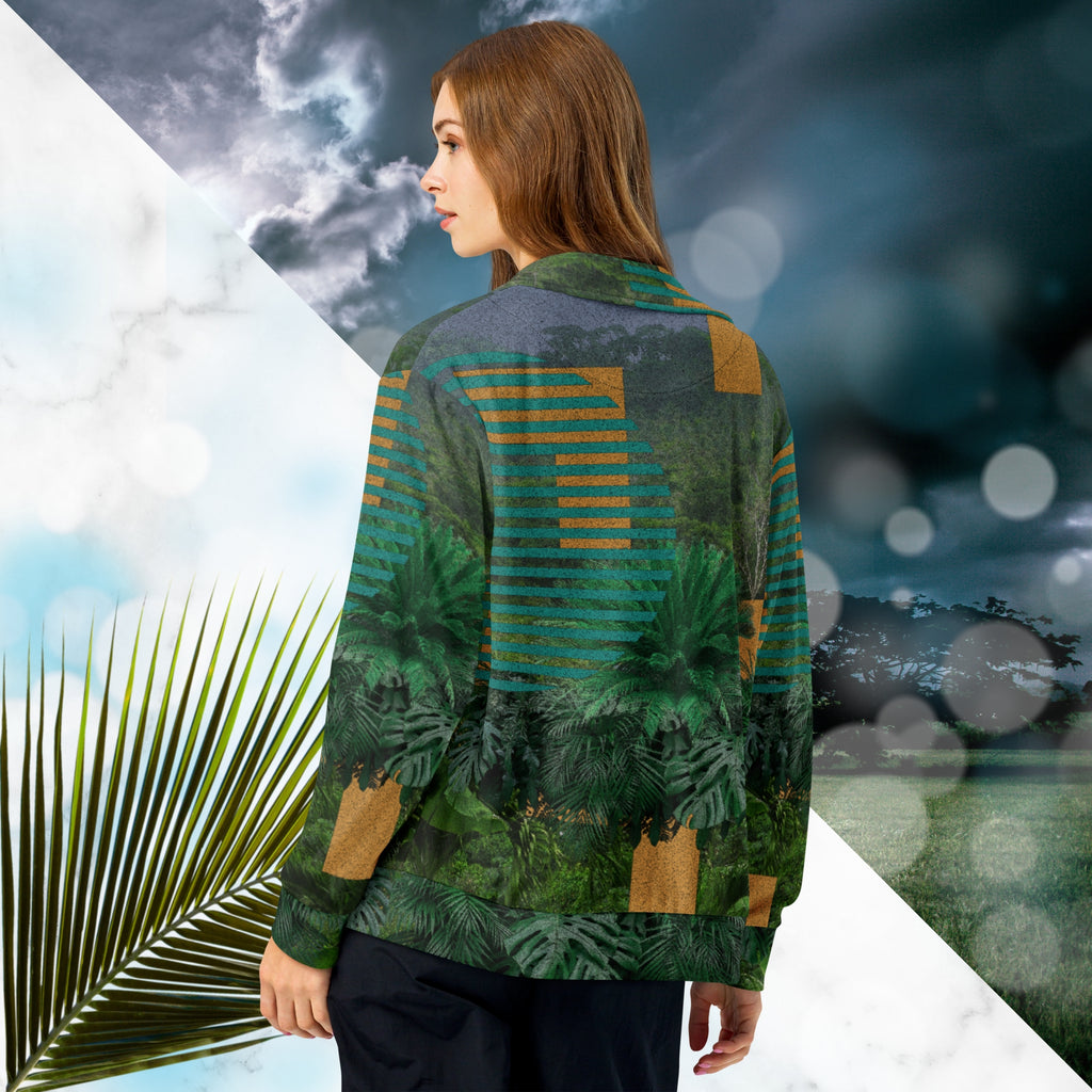 Multicolored all over print track jacket depicting a dense lush jungle overlayed and interlaced with bold solid orange abstract graphics teal rounded modern stripes and a dark gray stormy sky at the top overlayed with retro inspired static similar to video degradation on an old television set with a Neon Pools magenta and blue vaporwave sun and waves emblem at left chest