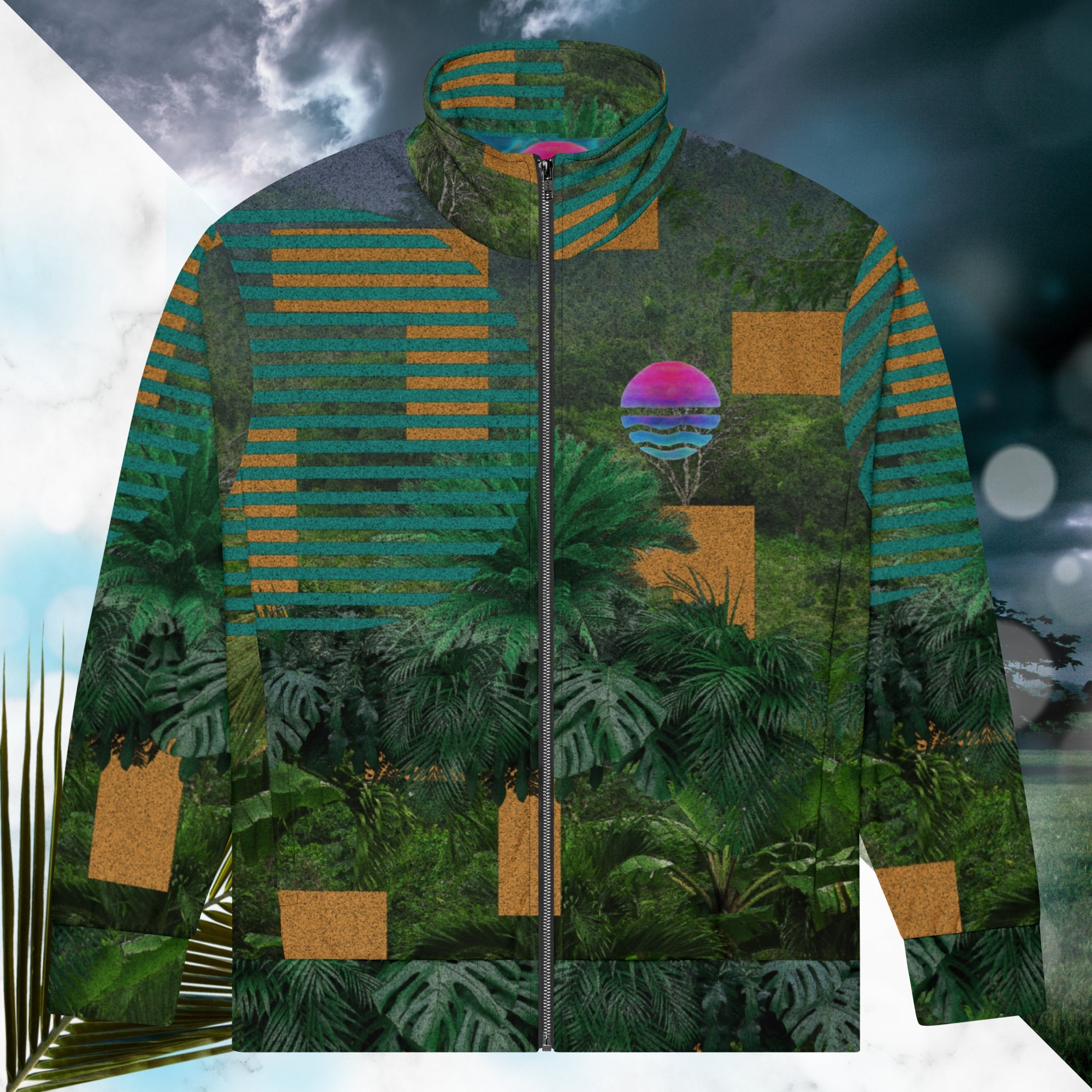 Multicolored all over print track jacket depicting a dense lush jungle overlayed and interlaced with bold solid orange abstract graphics teal rounded modern stripes and a dark gray stormy sky at the top overlayed with retro inspired static similar to video degradation on an old television set with a Neon Pools magenta and blue vaporwave sun and waves emblem at left chest