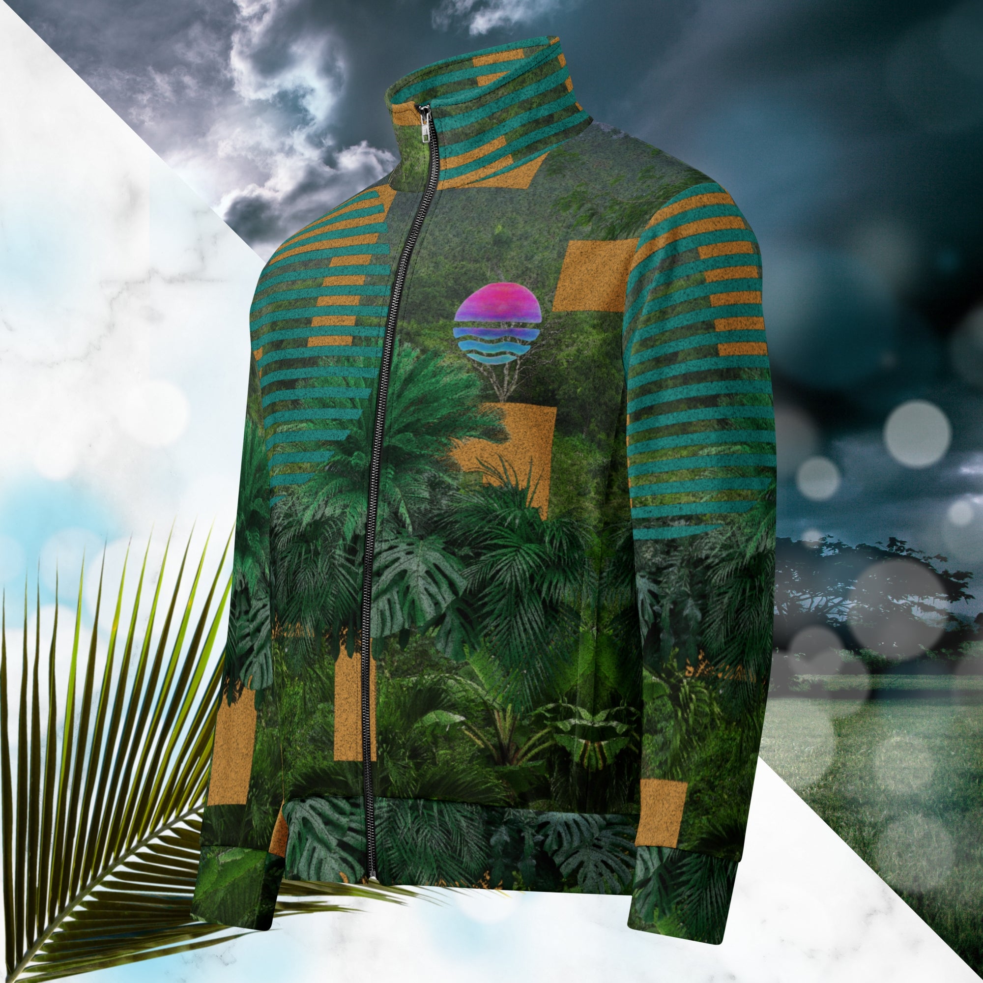Multicolored all over print track jacket depicting a dense lush jungle overlayed and interlaced with bold solid orange abstract graphics teal rounded modern stripes and a dark gray stormy sky at the top overlayed with retro inspired static similar to video degradation on an old television set with a Neon Pools magenta and blue vaporwave sun and waves emblem at left chest