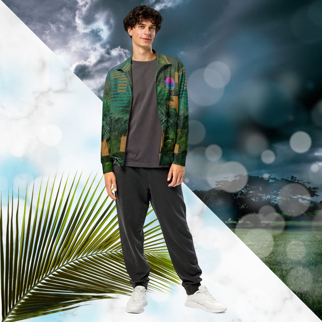 Multicolored all over print track jacket depicting a dense lush jungle overlayed and interlaced with bold solid orange abstract graphics teal rounded modern stripes and a dark gray stormy sky at the top overlayed with retro inspired static similar to video degradation on an old television set with a Neon Pools magenta and blue vaporwave sun and waves emblem at left chest