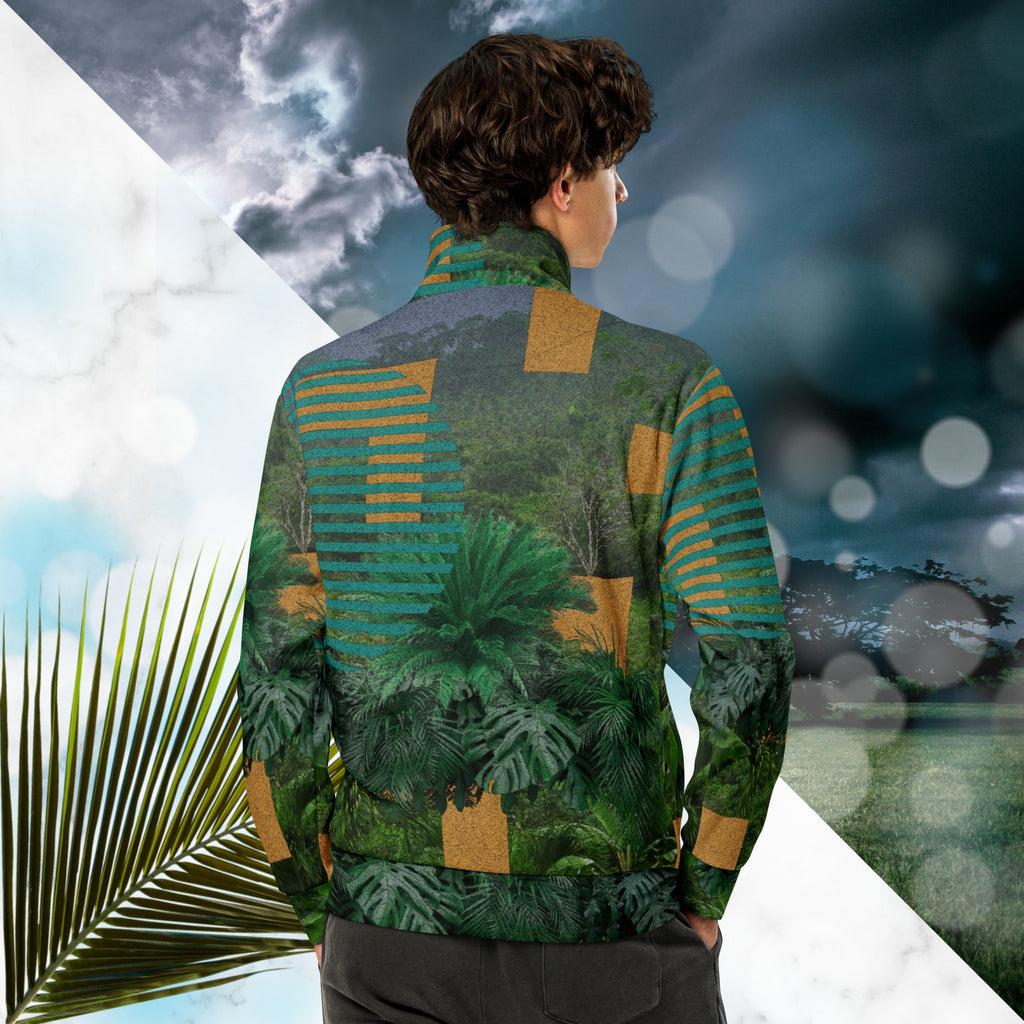 Multicolored all over print track jacket depicting a dense lush jungle overlayed and interlaced with bold solid orange abstract graphics teal rounded modern stripes and a dark gray stormy sky at the top overlayed with retro inspired static similar to video degradation on an old television set with a Neon Pools magenta and blue vaporwave sun and waves emblem at left chest